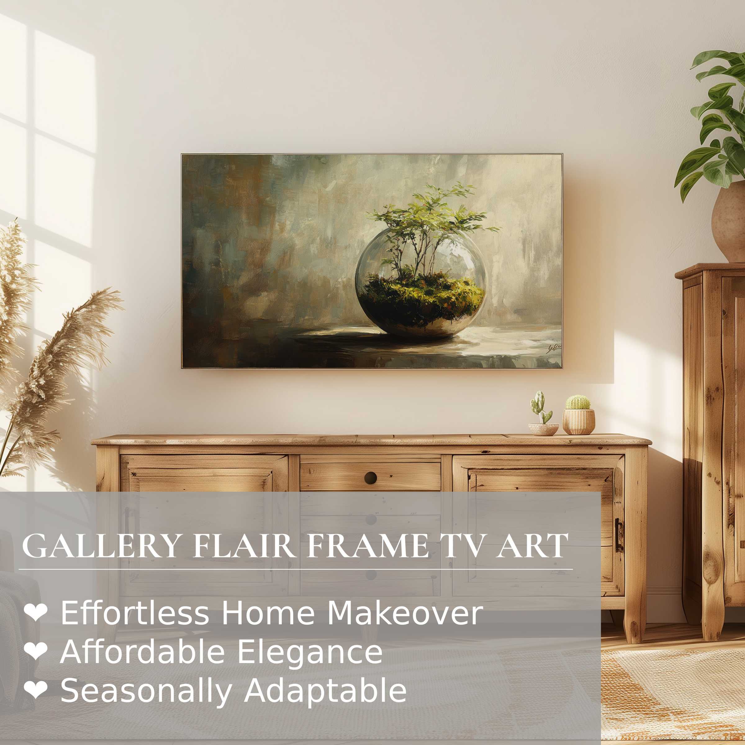 Modern living room with Samsung Frame TV displaying botanical digital artwork in muted, elegant tones