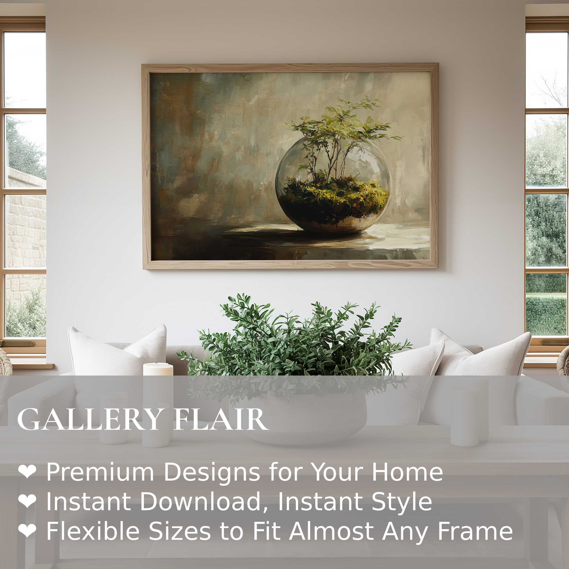 Botanical wall art print featuring a radiant terrarium scene with soft, earthy tones, enhancing serene modern living spaces