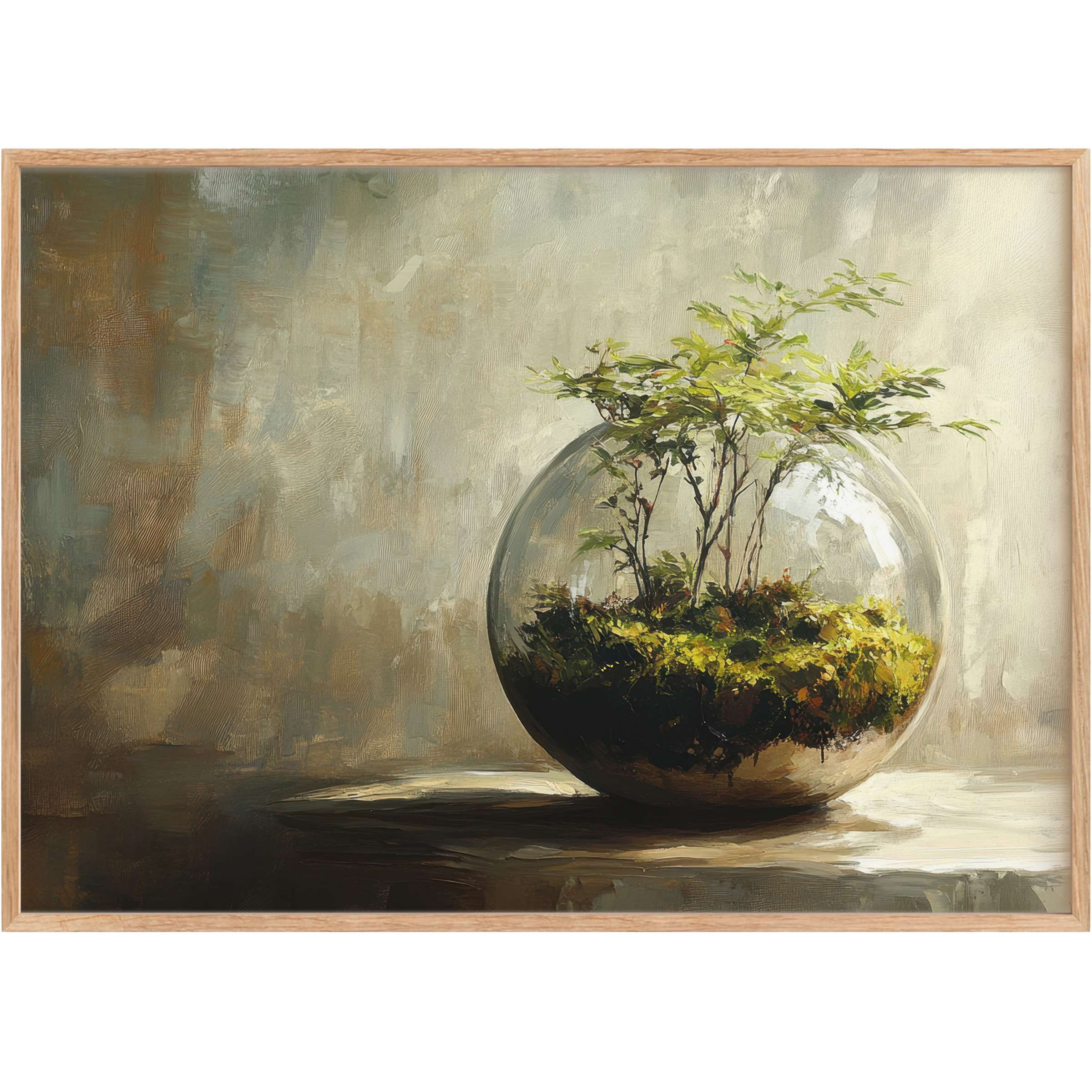 Botanical printable wall art capturing a serene glass terrarium with vibrant greens, creating a tranquil and elegant ambiance