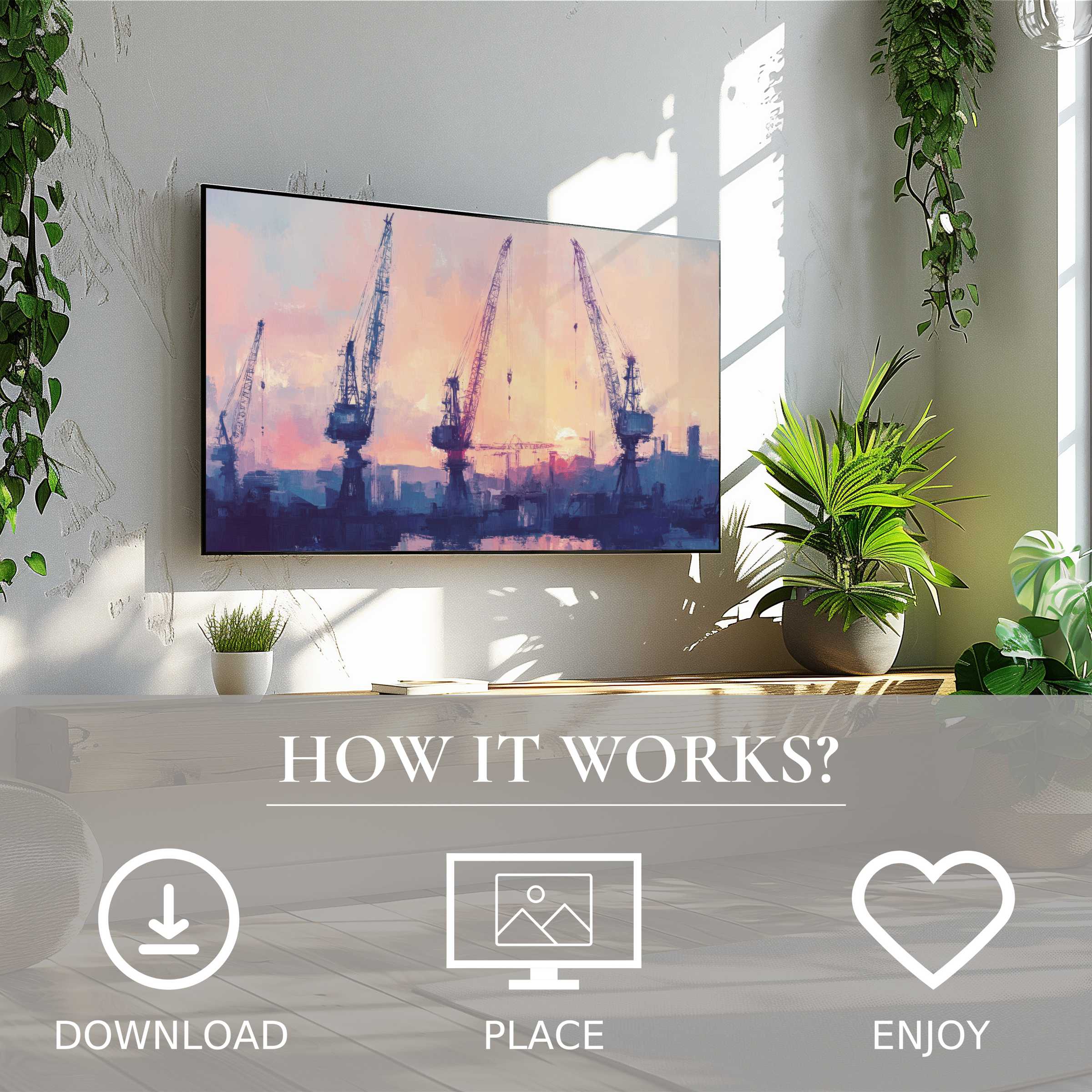 Urban art for Samsung TV with soft sunset tones, easy digital download enriches modern living spaces with style