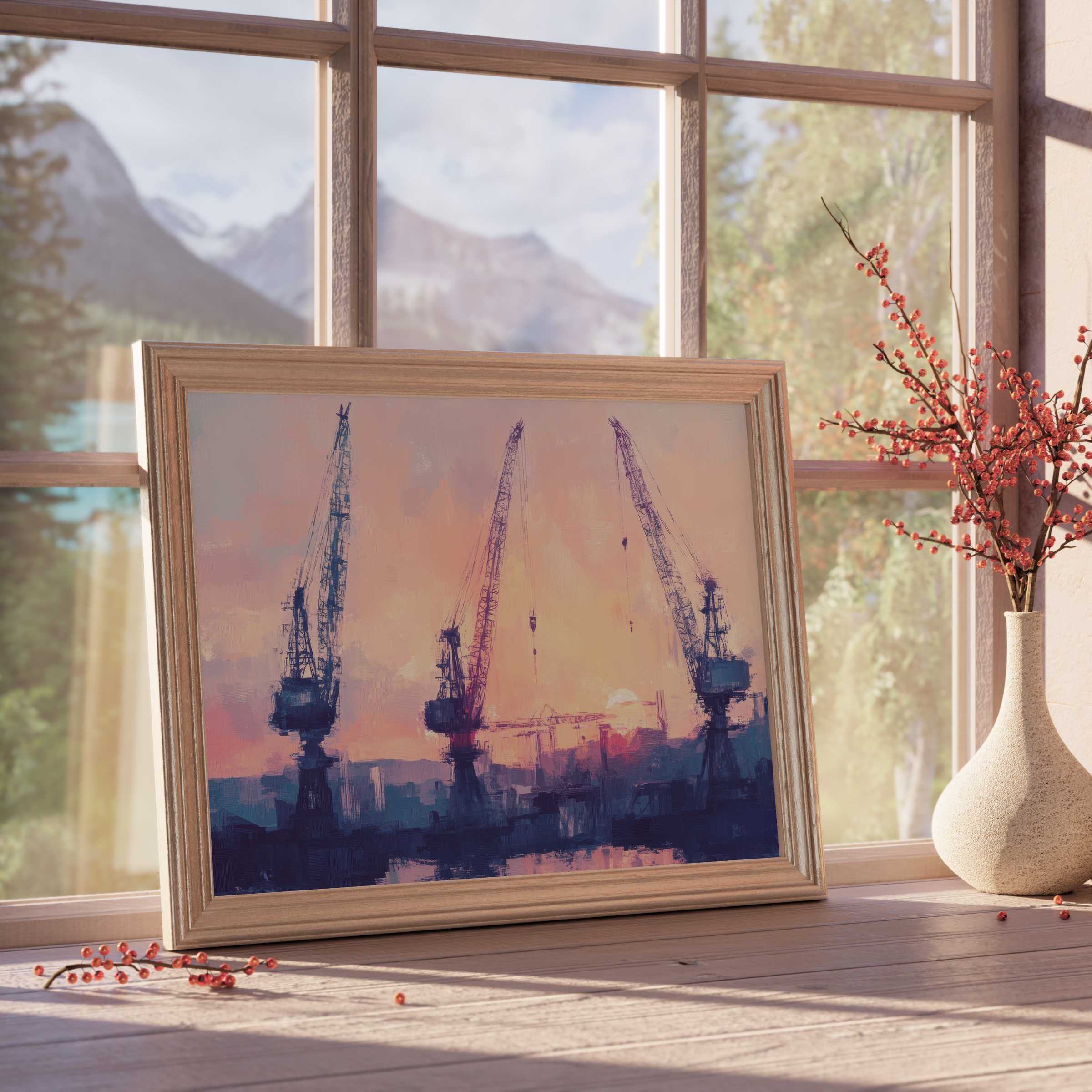 Urban downloadable art capturing industrial cranes at sunset, infusing warm, tranquil vibes into curated modern interiors