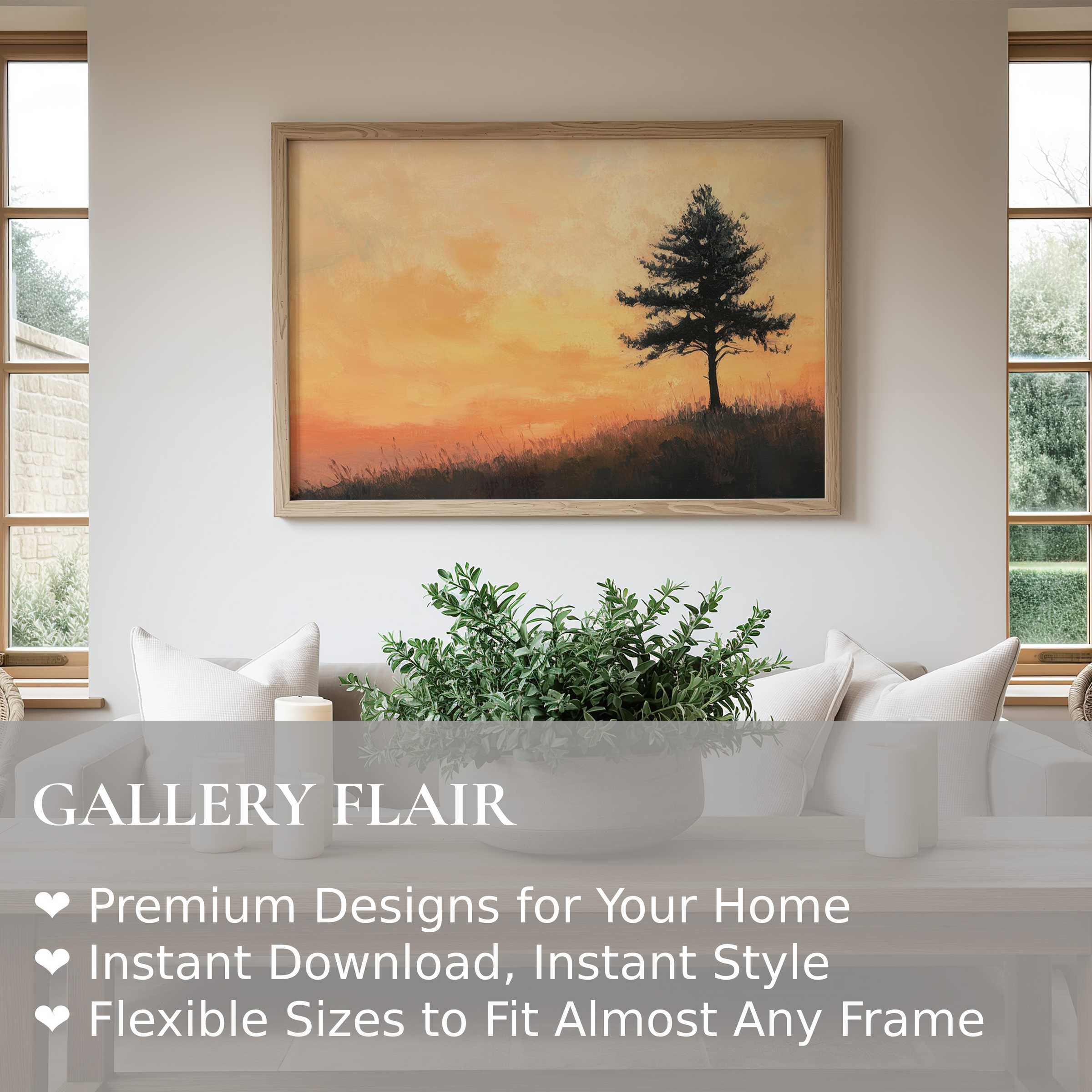 Tree wall art print featuring a radiant sunset silhouette, enhancing minimalist, modern living spaces with calming warmth and natural elegance