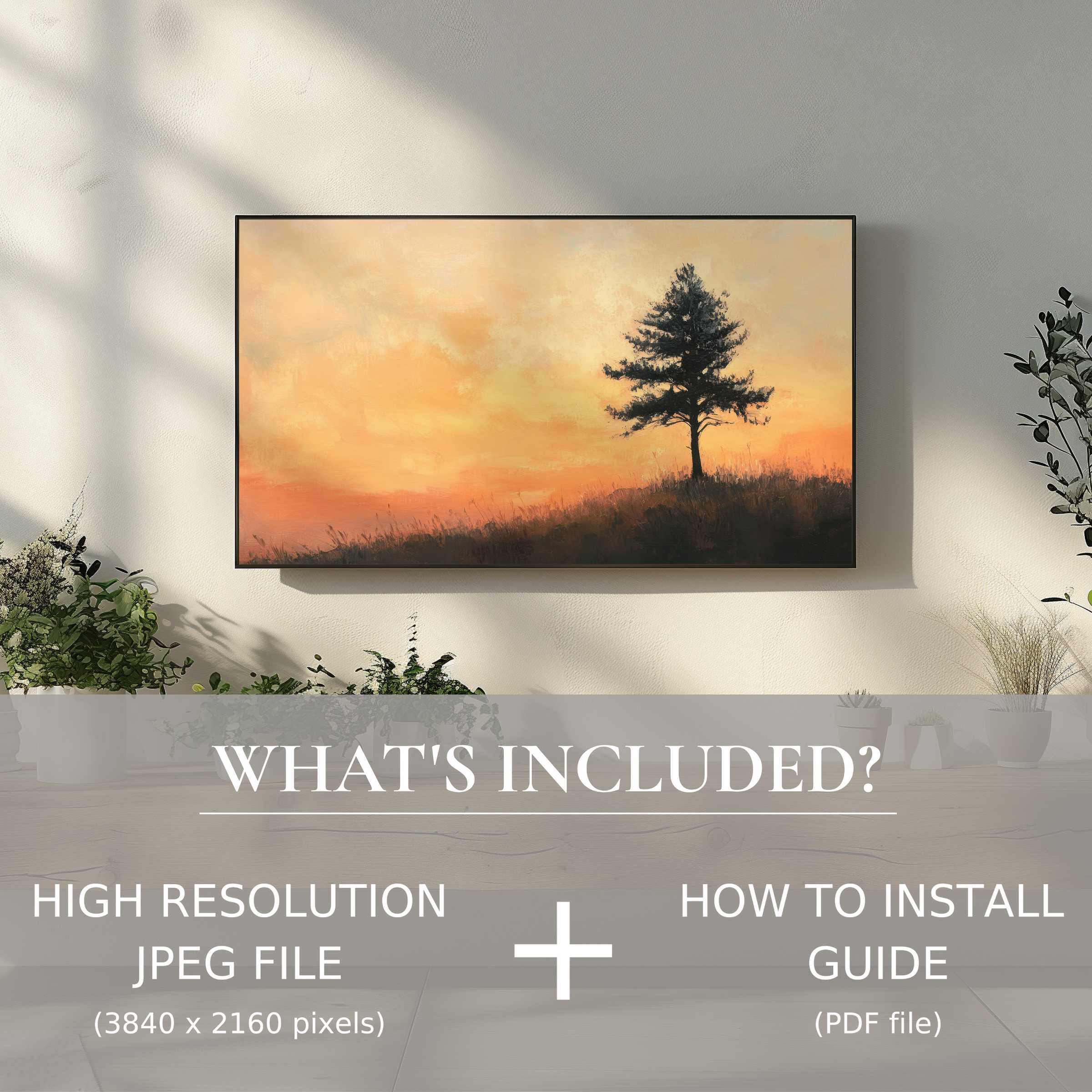 Elegant tree digital TV art download with sunset hues, instantly enriching your living space via easy digital use