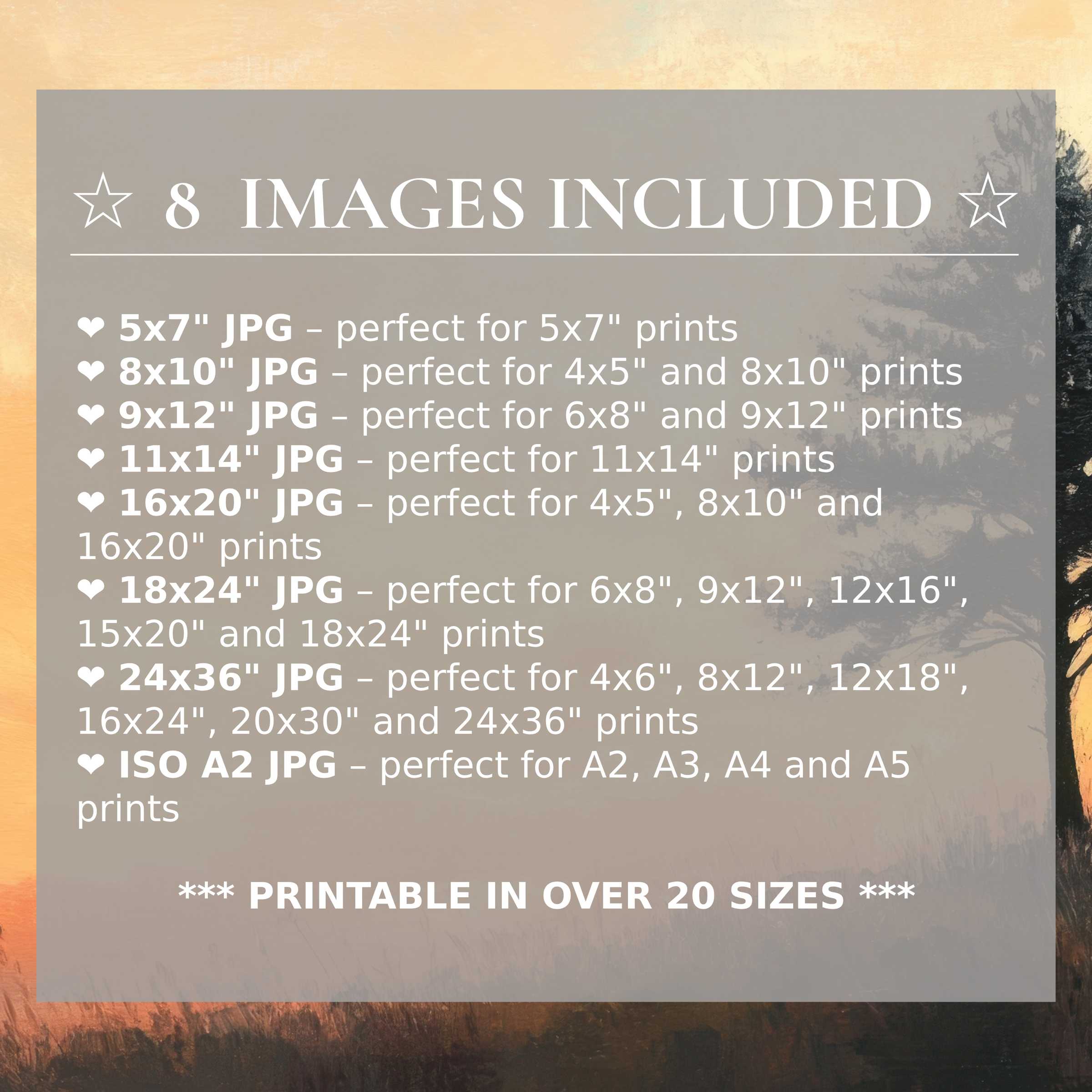 Print size guide showing 8 included JPG formats for versatile wall art printing – perfect for framing in popular sizes from 5x7 to 24x36 and A2