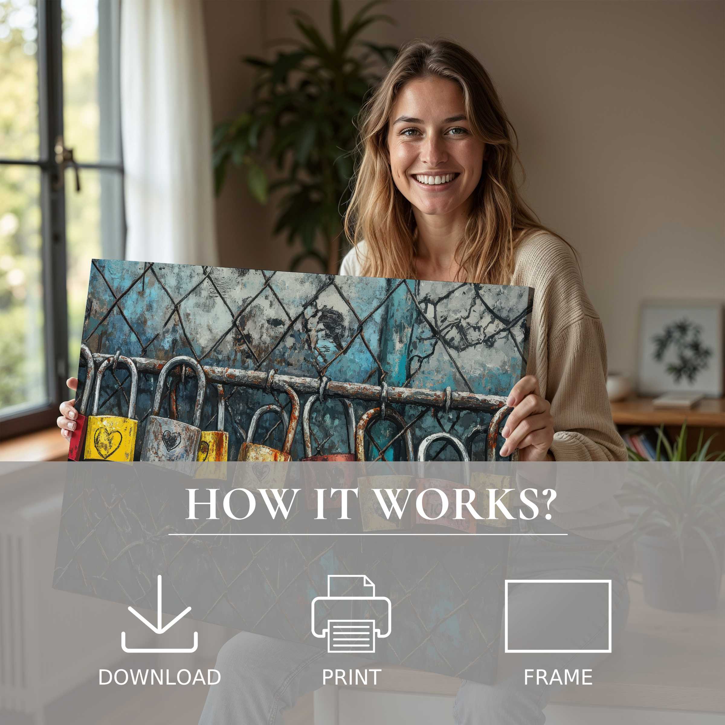A woman’s radiant smile illuminates a tranquil moment as she reveals a street art digital art print, blending vibrant locks and textured blues-inviting modern homes to effortlessly embrace joy and connection through art’s timeless presence
