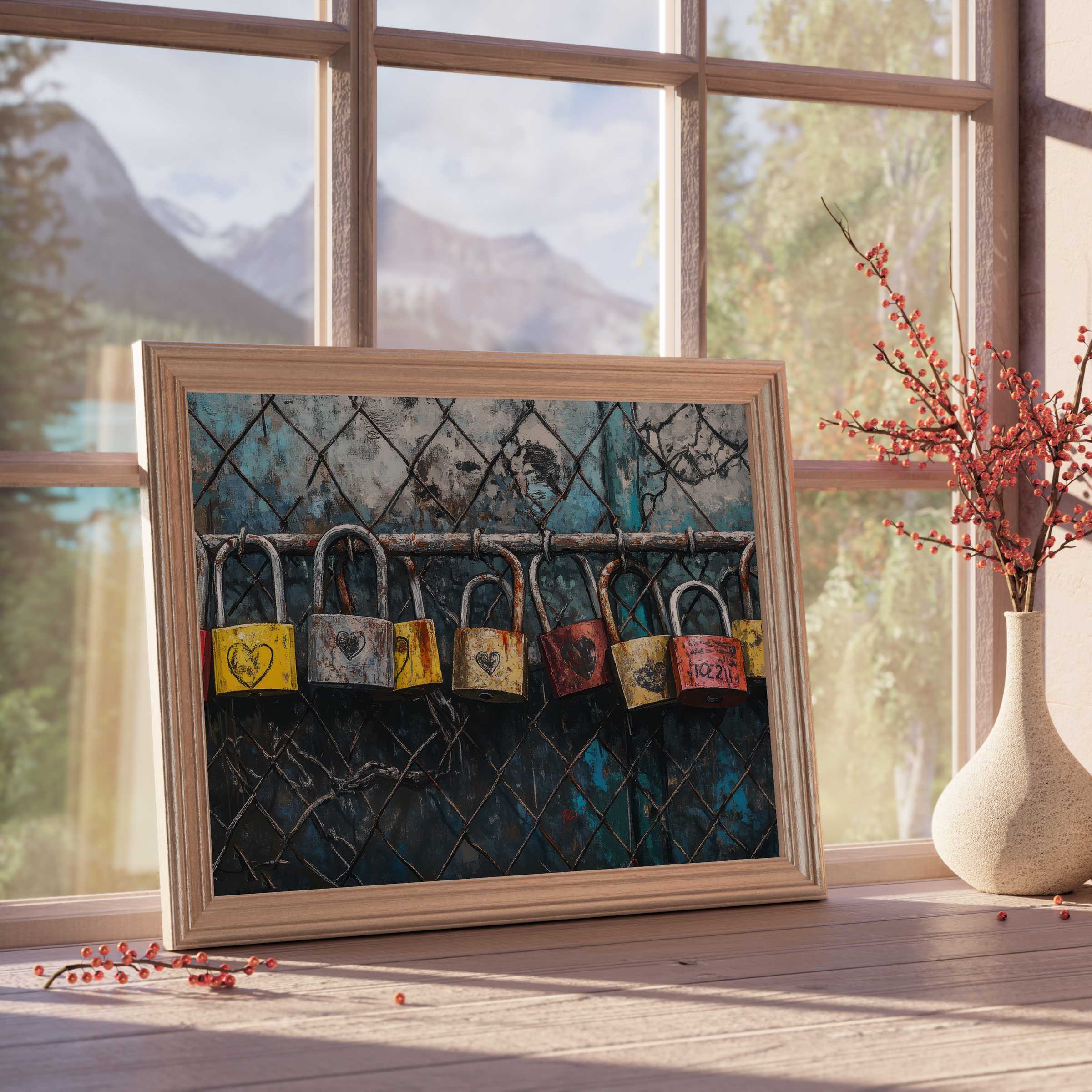 Rustic street art downloadable art featuring weathered love locks on textured fence, elevating curated, tranquil interiors with vintage charm