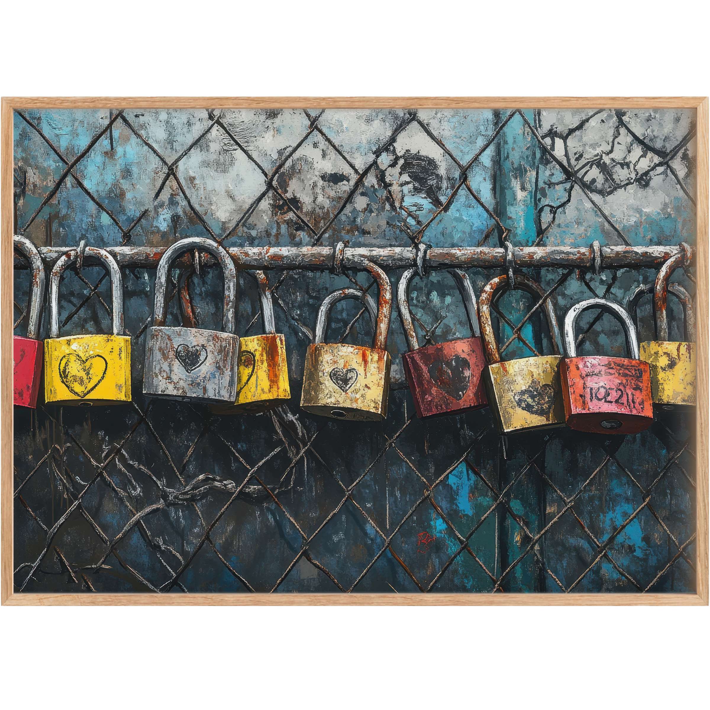 Rustic padlocks with heart motifs in vibrant reds and yellows hang on weathered blue wire mesh, creating bold, nostalgic street art printable wall art that adds urban charm and warmth to any modern living space