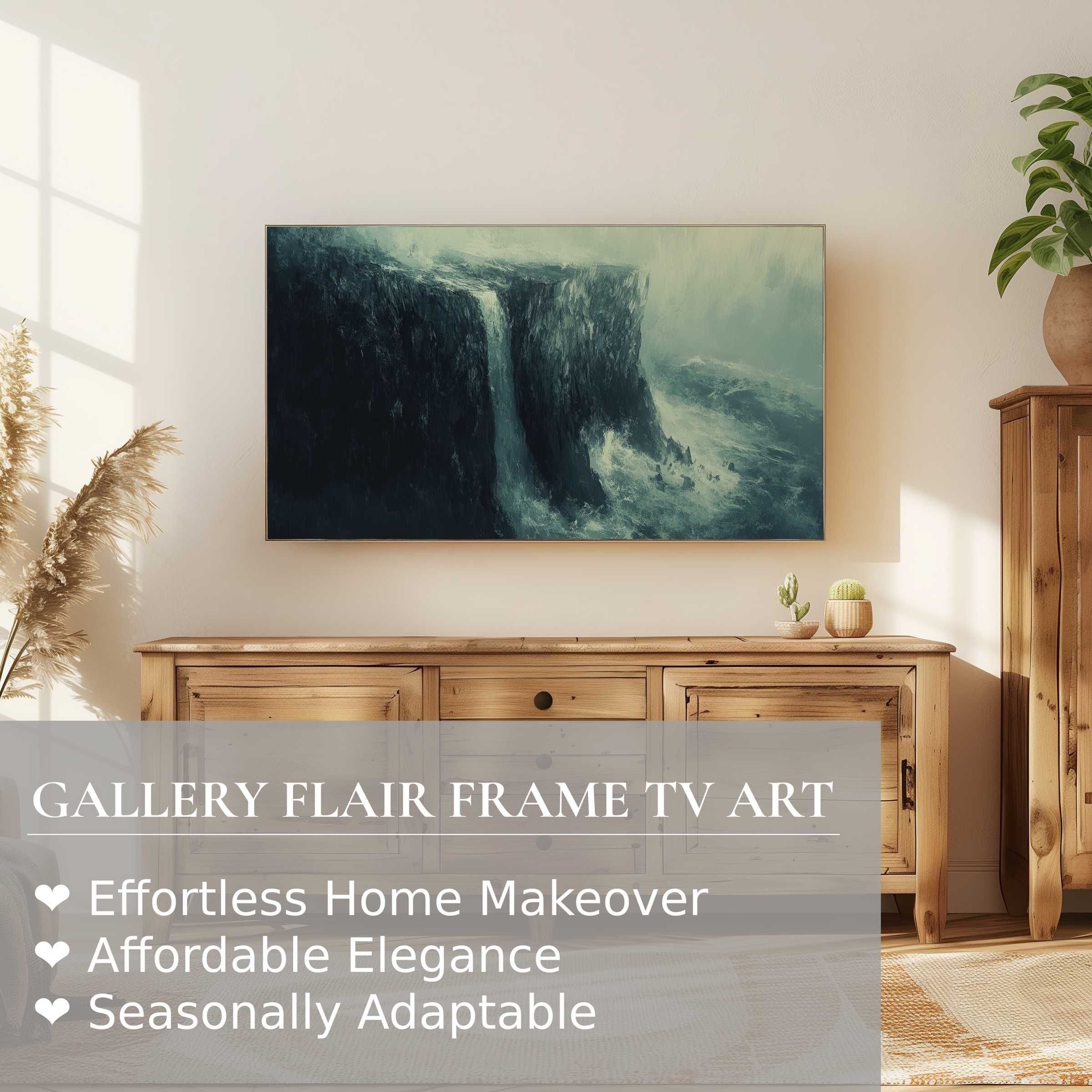 Samsung Frame TV displaying coastal digital artwork of a misty cliff, enhancing modern, elegant home decor
