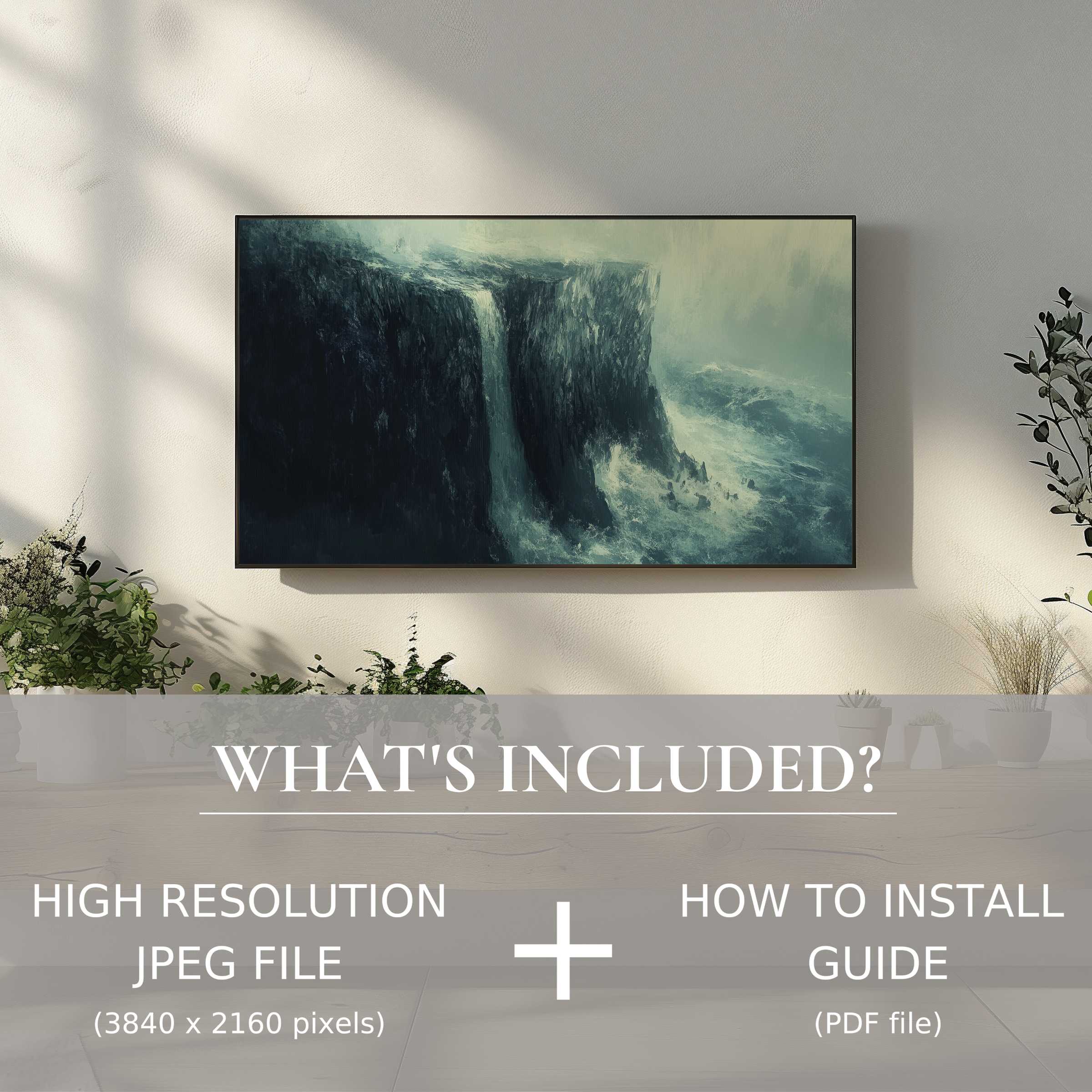 Elegant coastal digital TV art download enhances serene modern living with easy high-res digital use and installation guide