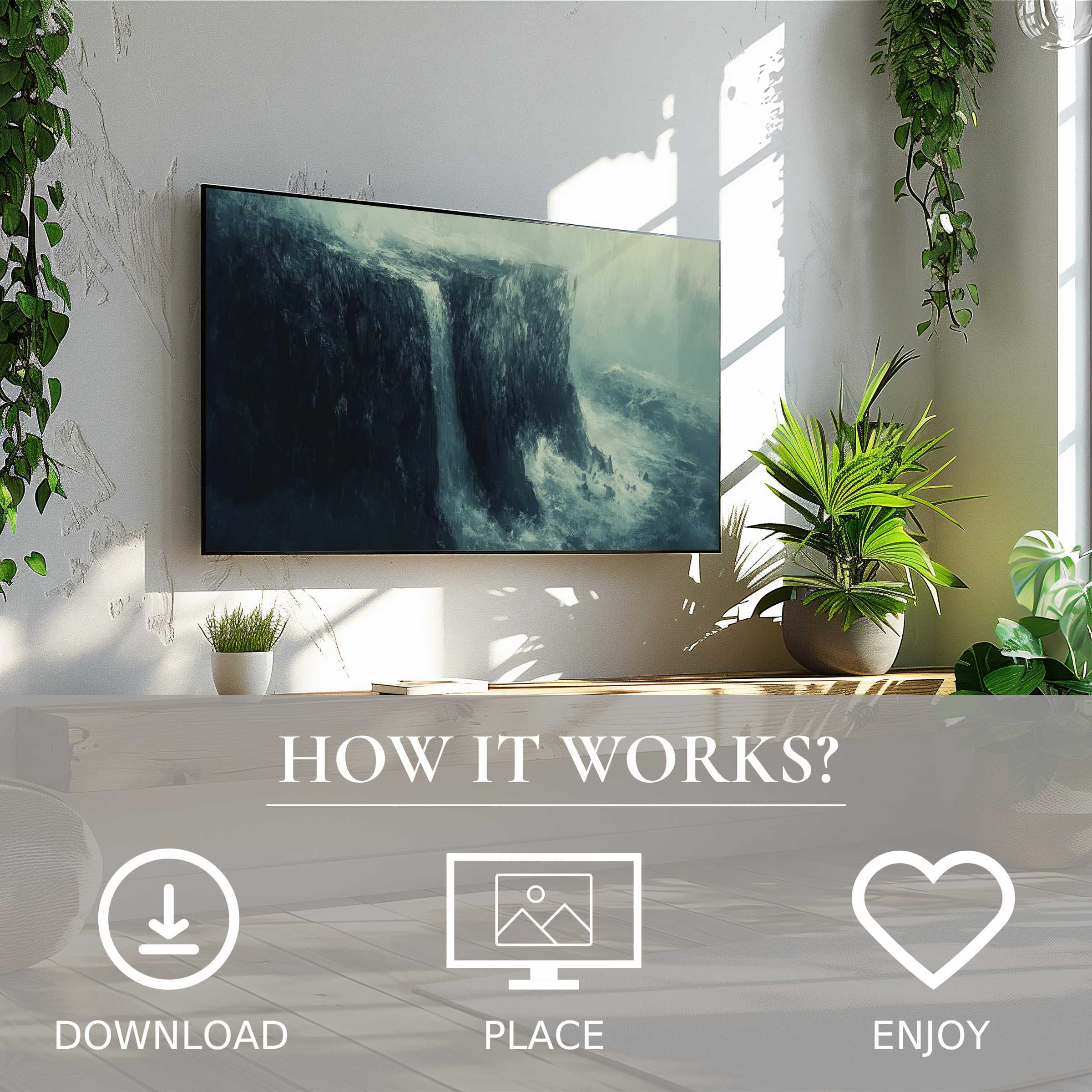 Modern living room with coastal art for Samsung TV, soft ocean hues enhance space; easy digital download