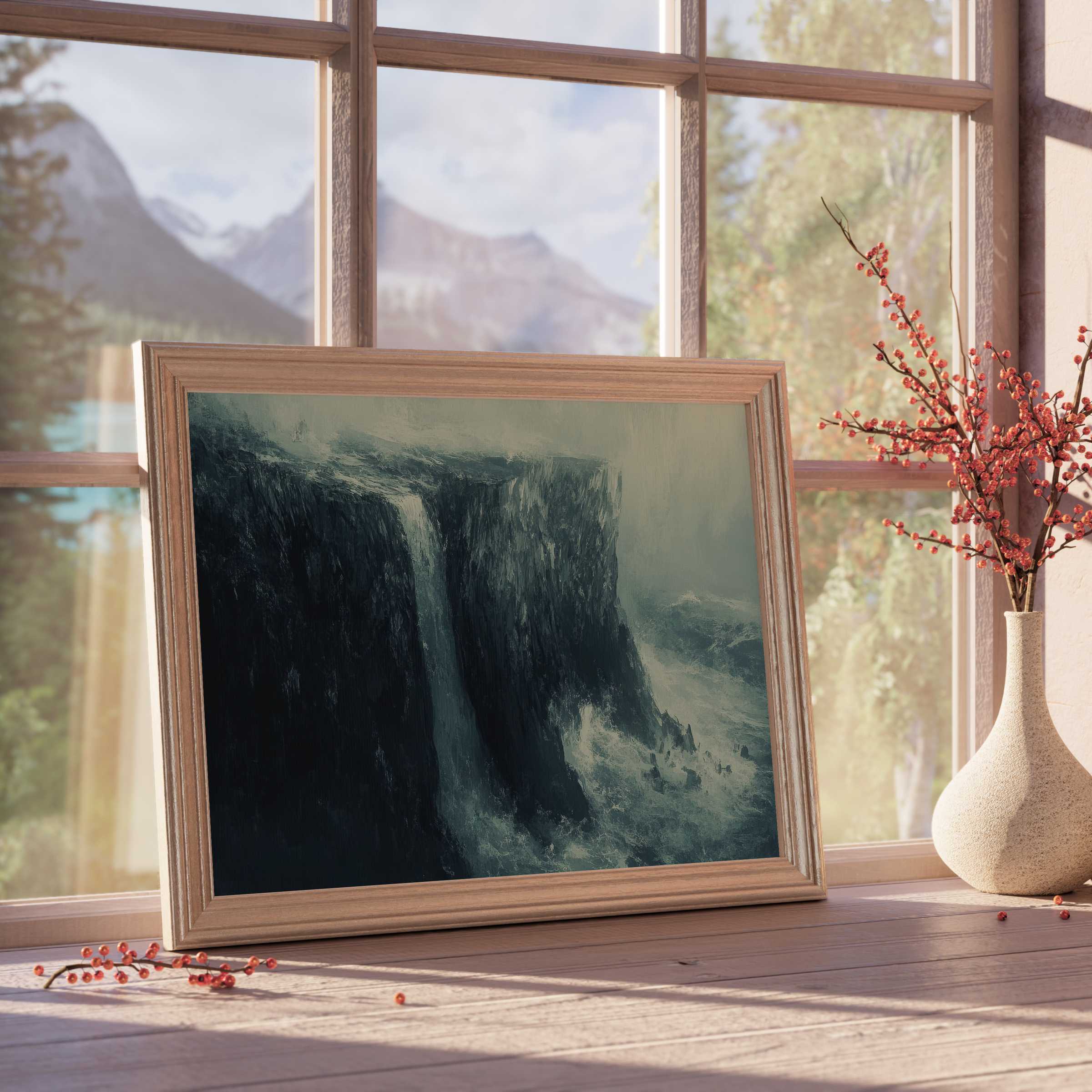 Coastal downloadable art capturing a dramatic cliffside waterfall, infusing serene, moody elegance into refined, tranquil interiors
