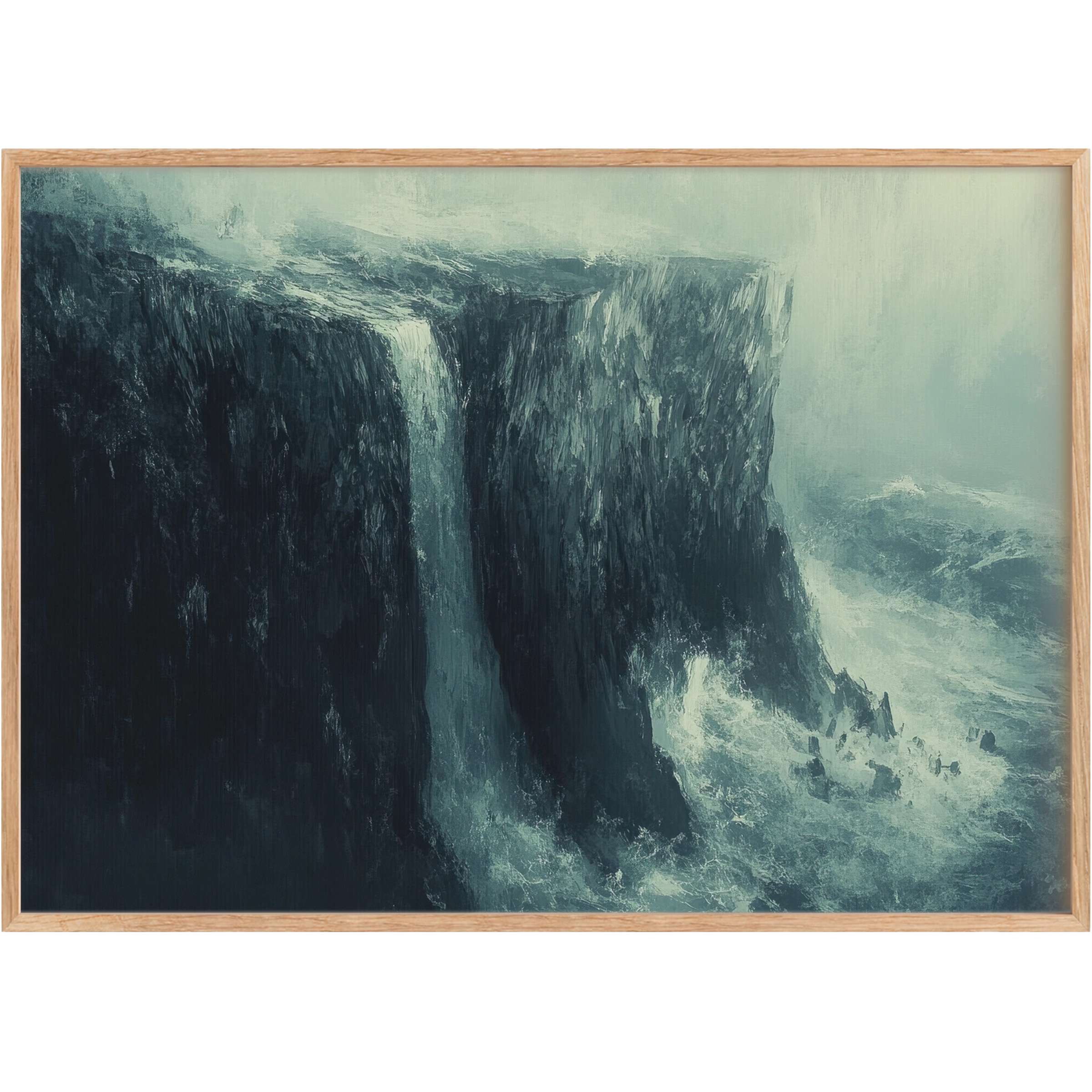 Coastal printable wall art capturing a dramatic waterfall on rugged cliffs with deep blue and stormy aqua tones, evoking a bold, powerful ambiance