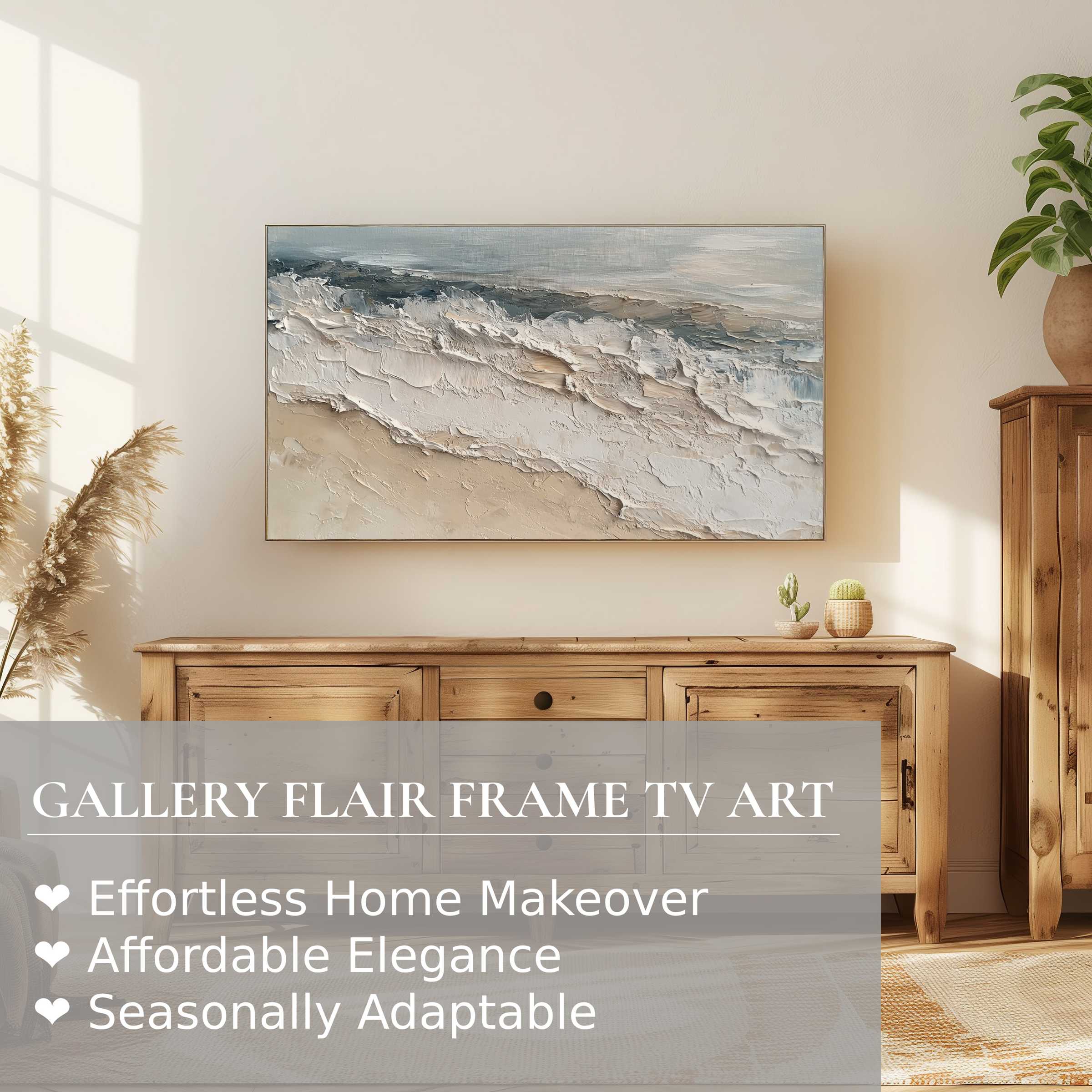 Samsung Frame TV displaying textured summer digital artwork in a serene, modern living room setting