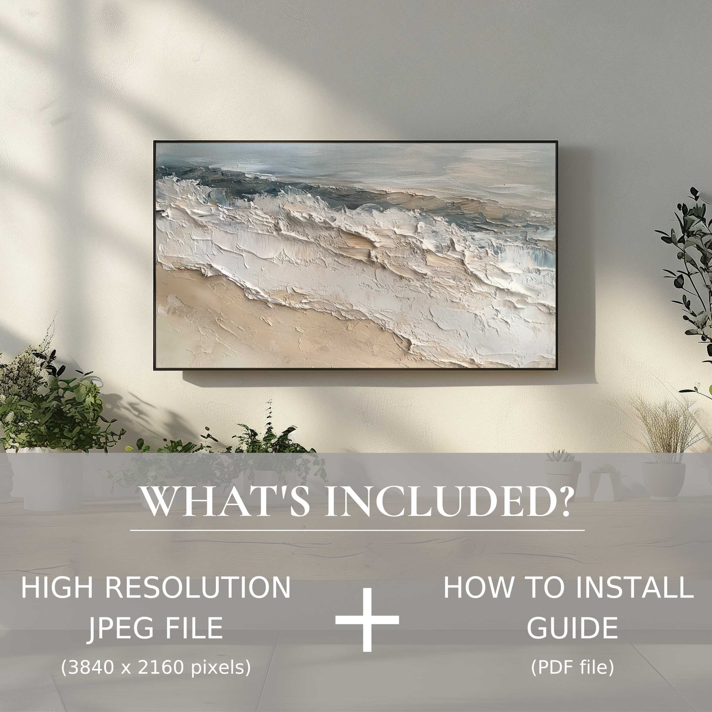 Modern living room with textured seascape on screen, a summer digital TV art download for easy chic decor upgrade
