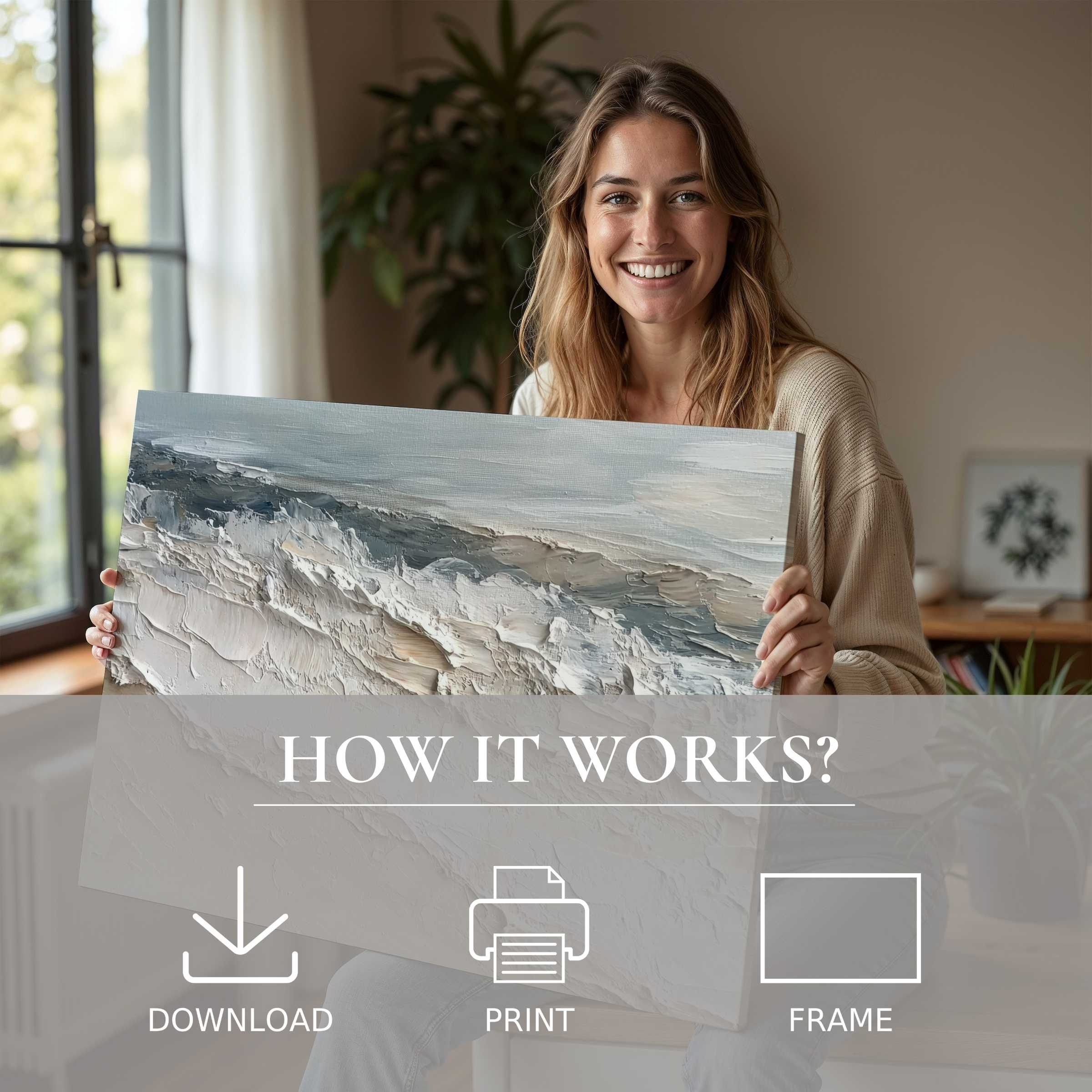 Serene summer digital art print enriches a stylish home, capturing joy and effortless elegance in curated living spaces