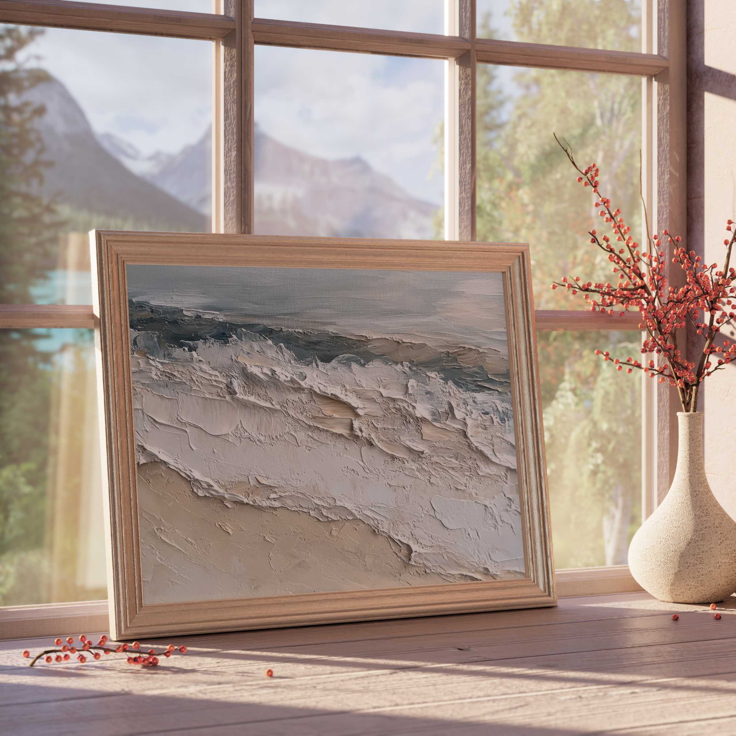 Summer downloadable art featuring textured ocean waves in soft neutrals, enhancing curated, tranquil, design-forward interiors with coastal warmth and elegance