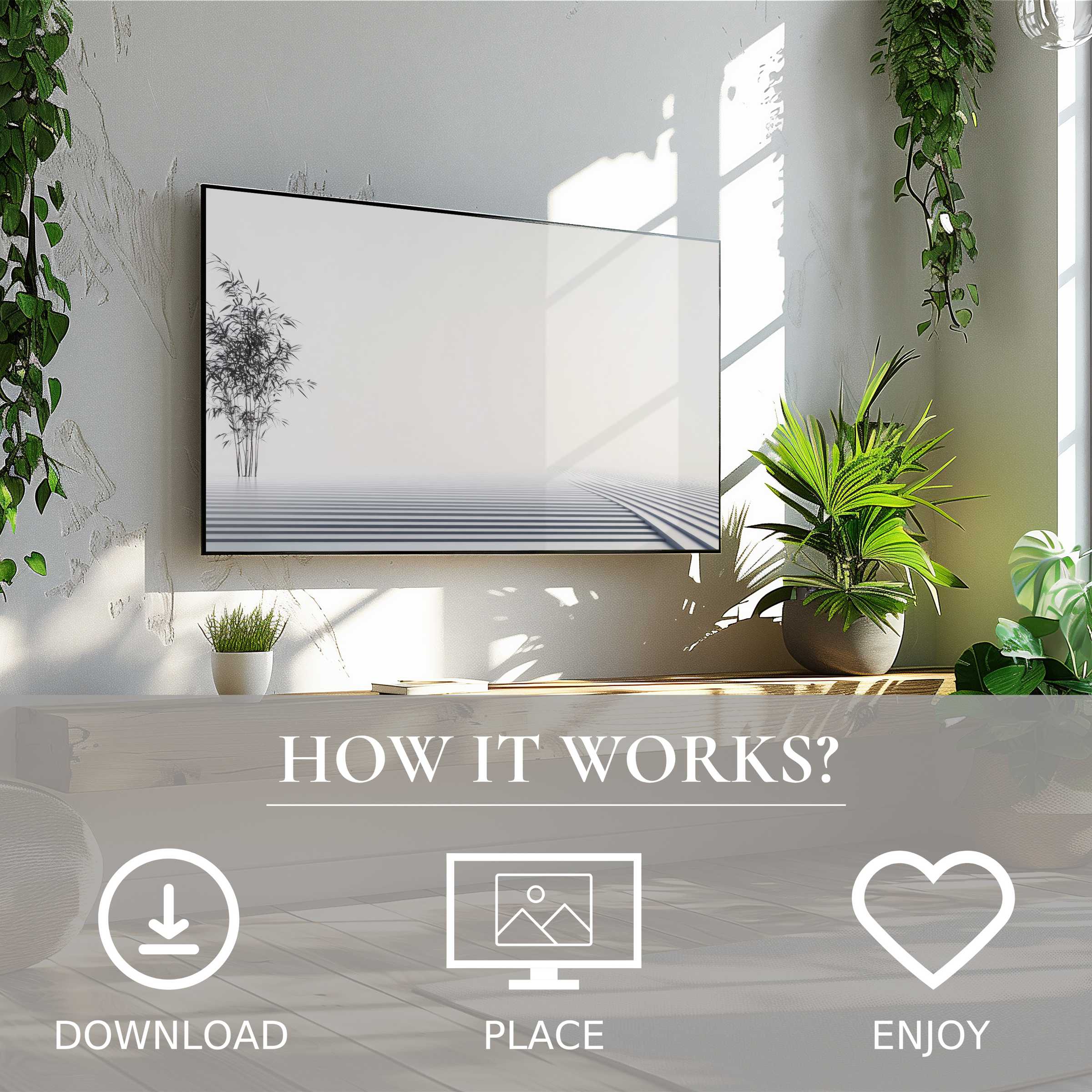 Modern art for Samsung TV in clean room with green plants, minimal bamboo motif, easy digital download enriches space