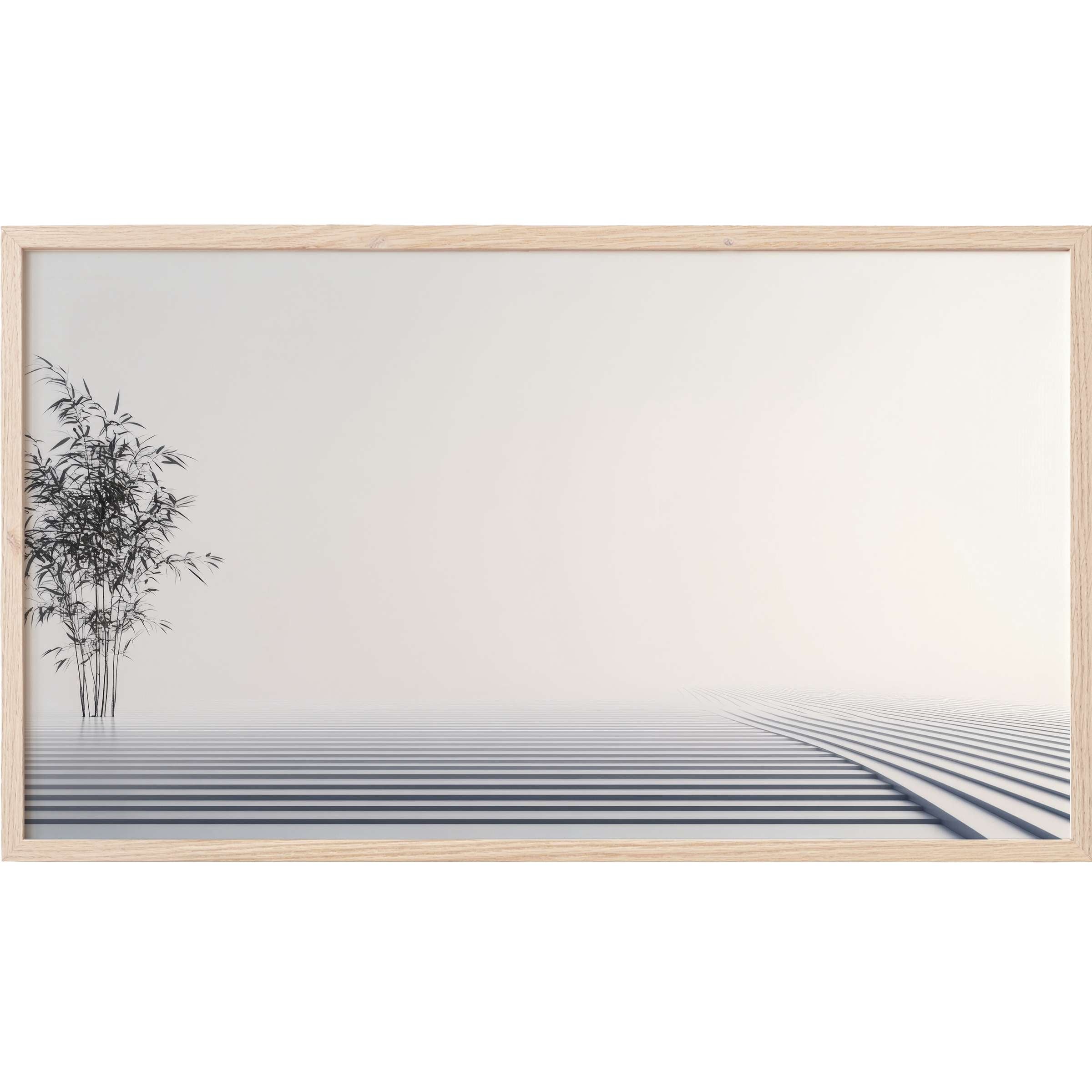 Modern Frame TV Art showing minimalist bamboo silhouette with soft gray lines and neutral beige tones, sleek and serene