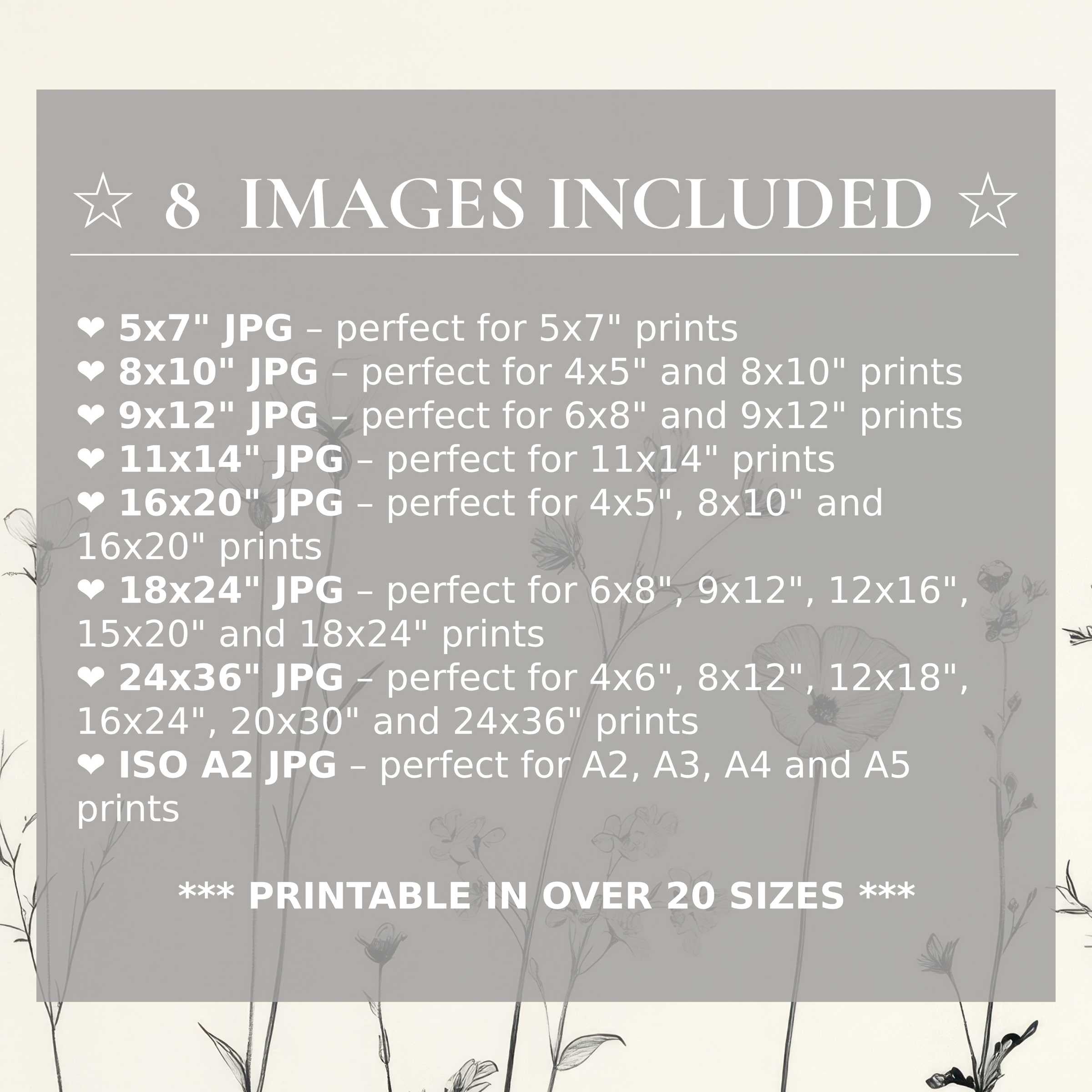 Elegant floral digital print radiates soft neutrals and delicate lines, elevating modern interiors with style and versatility-8 sizes included