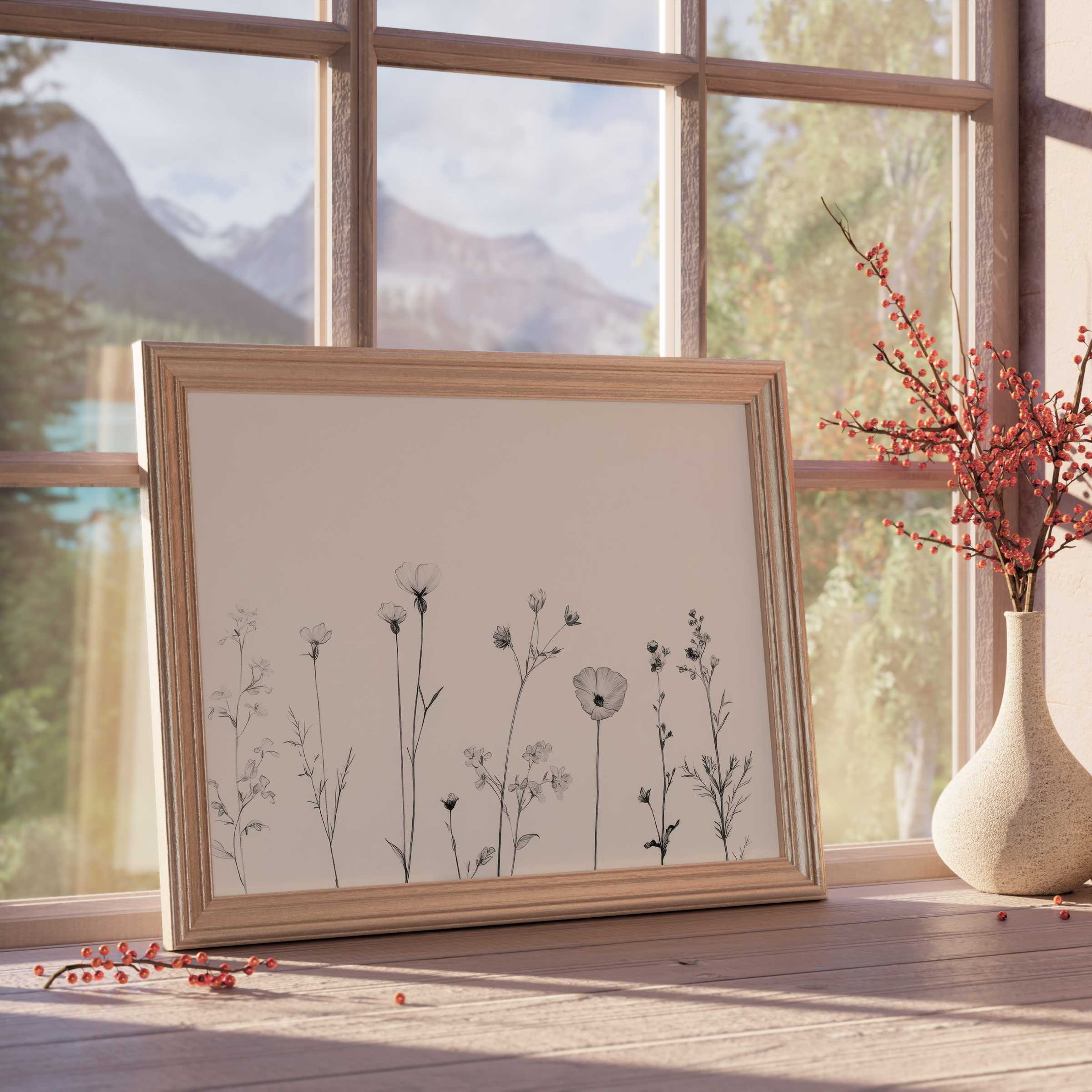 Delicate floral downloadable art in soft monochrome, elevating serene, curated interiors with timeless botanical elegance