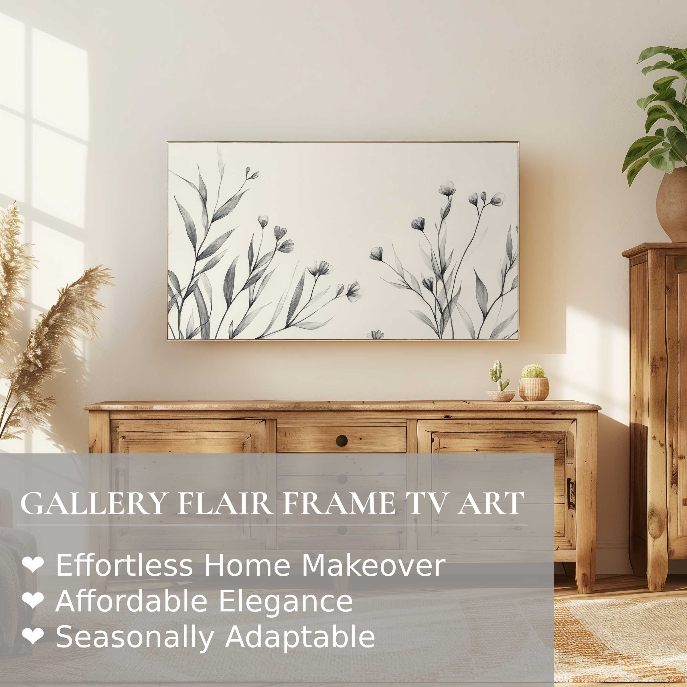 Samsung Frame TV displaying neutral digital artwork with delicate botanical design in modern serene setting