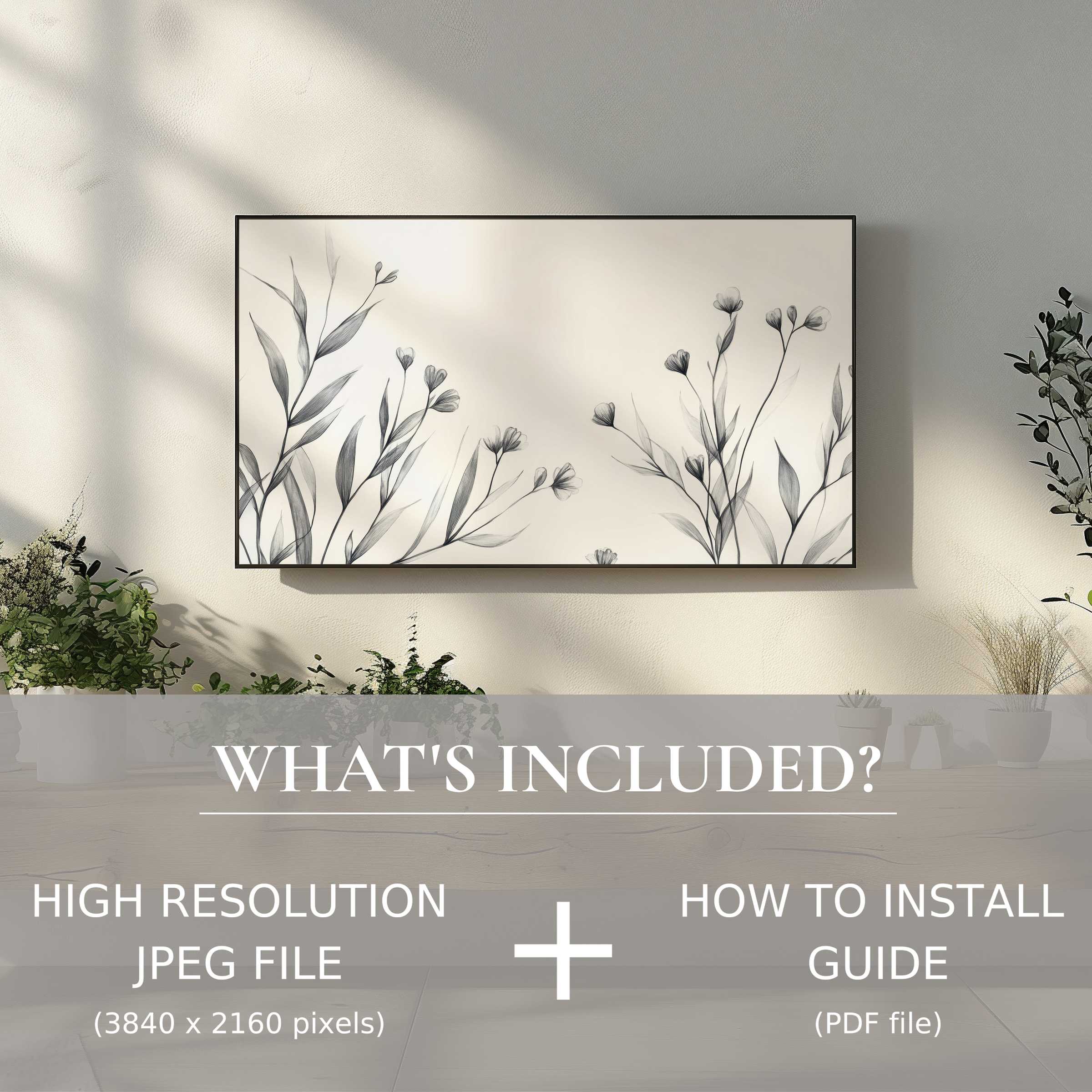 Elegant living space enhanced by neutral digital TV art download featuring delicate florals and easy digital use