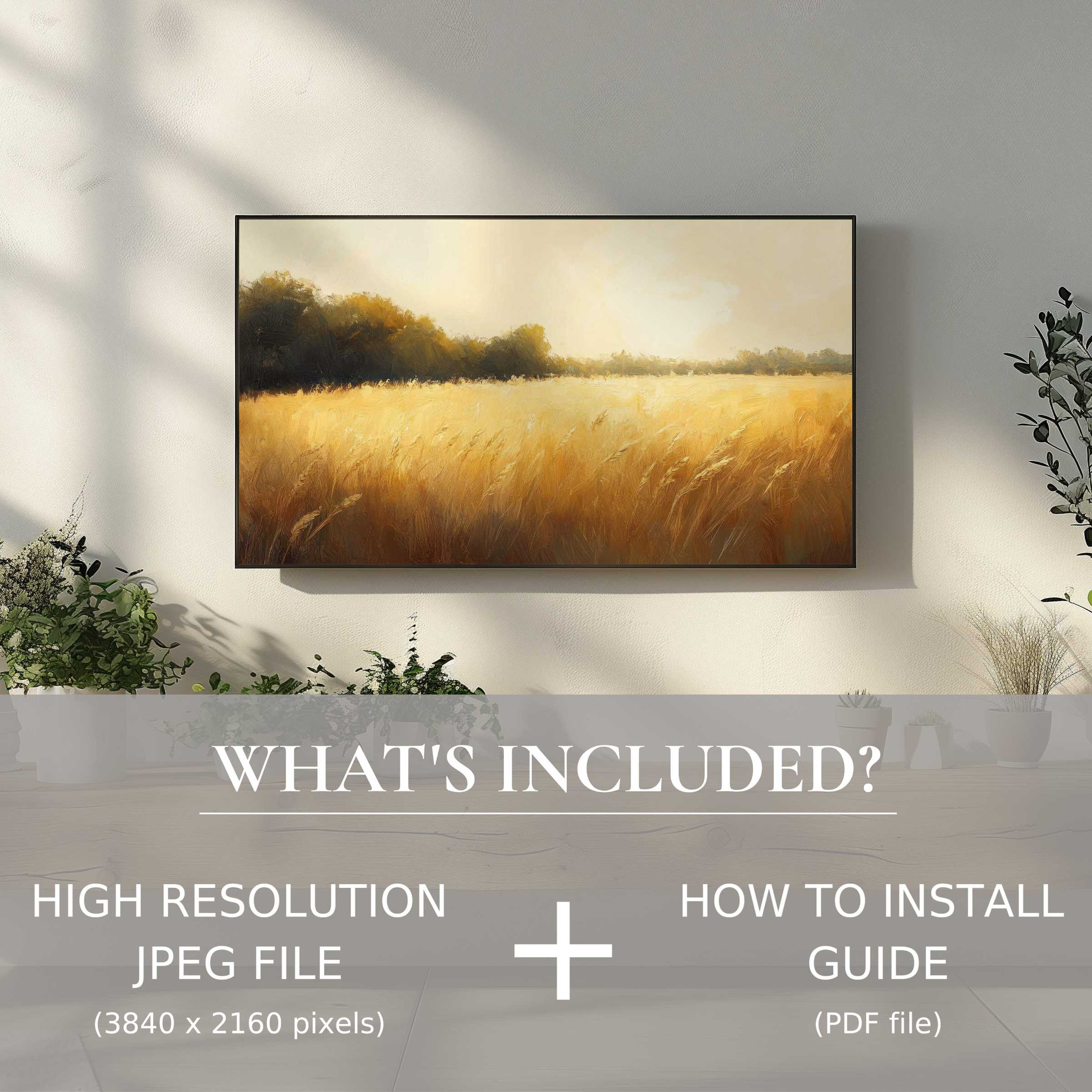 Elegant farmhouse digital TV art download brightens living space with effortless digital installation and serene countryside charm