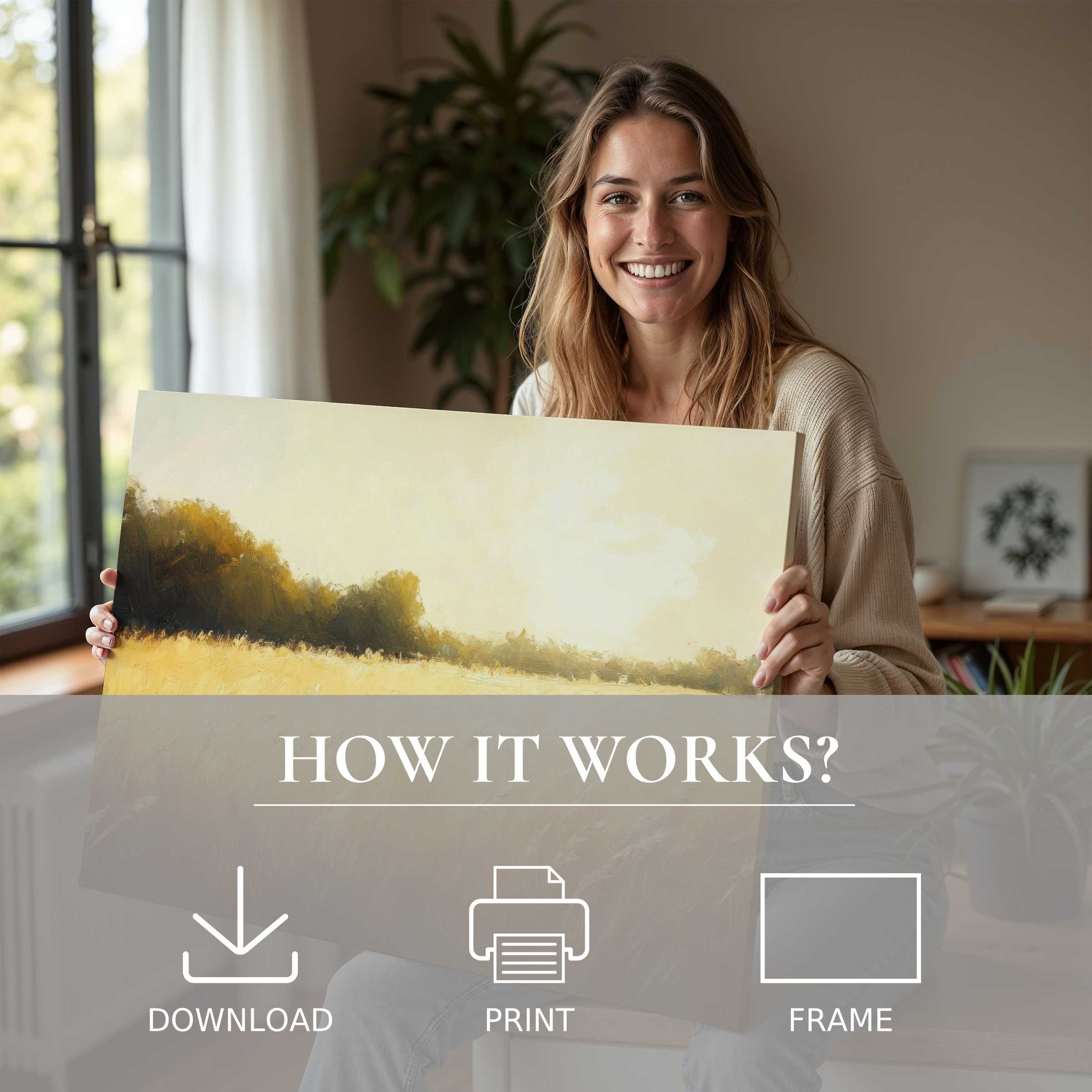 A serene farmhouse digital art print emanates warmth as it becomes a cherished centerpiece in a modern, elegant home