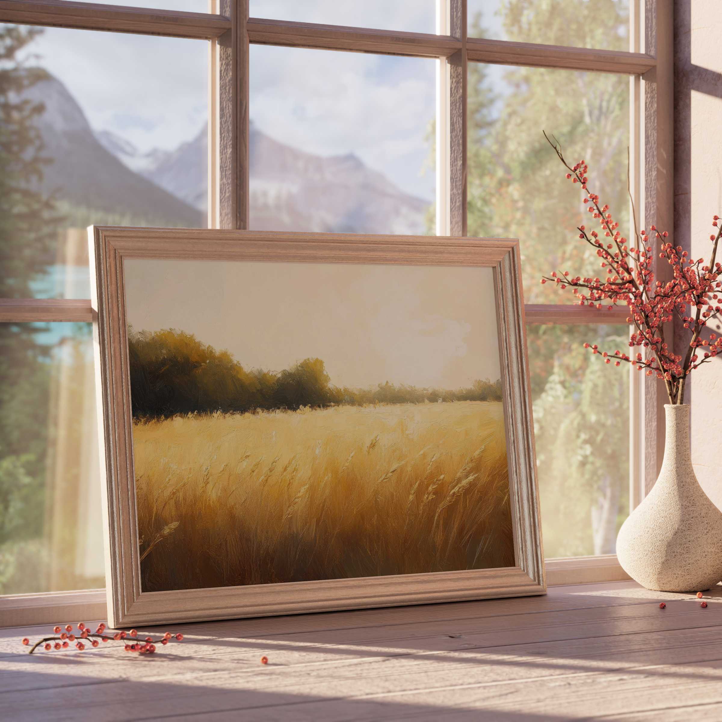 Farmhouse downloadable art capturing golden fields bathed in warm light, enriching serene, curated rustic interiors