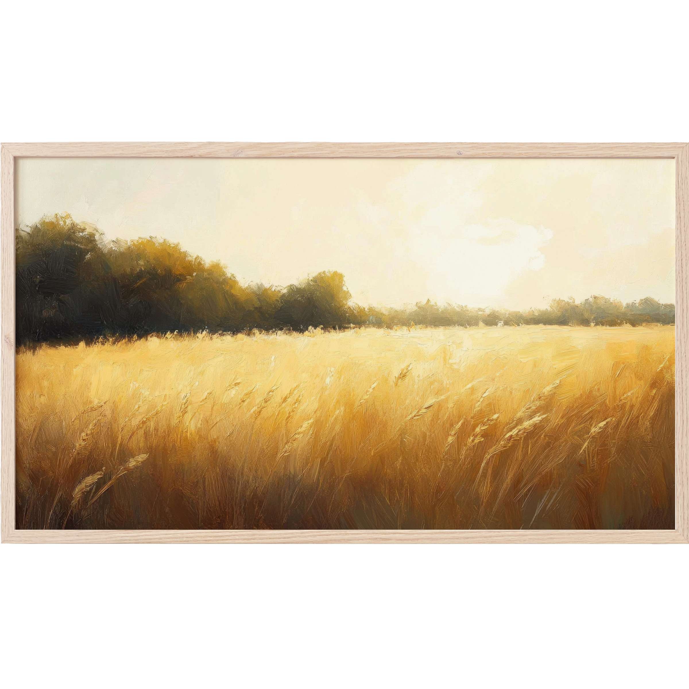 Farmhouse Frame TV Art depicting golden wheat fields at sunset with soft, warm tones and textured brushstrokes