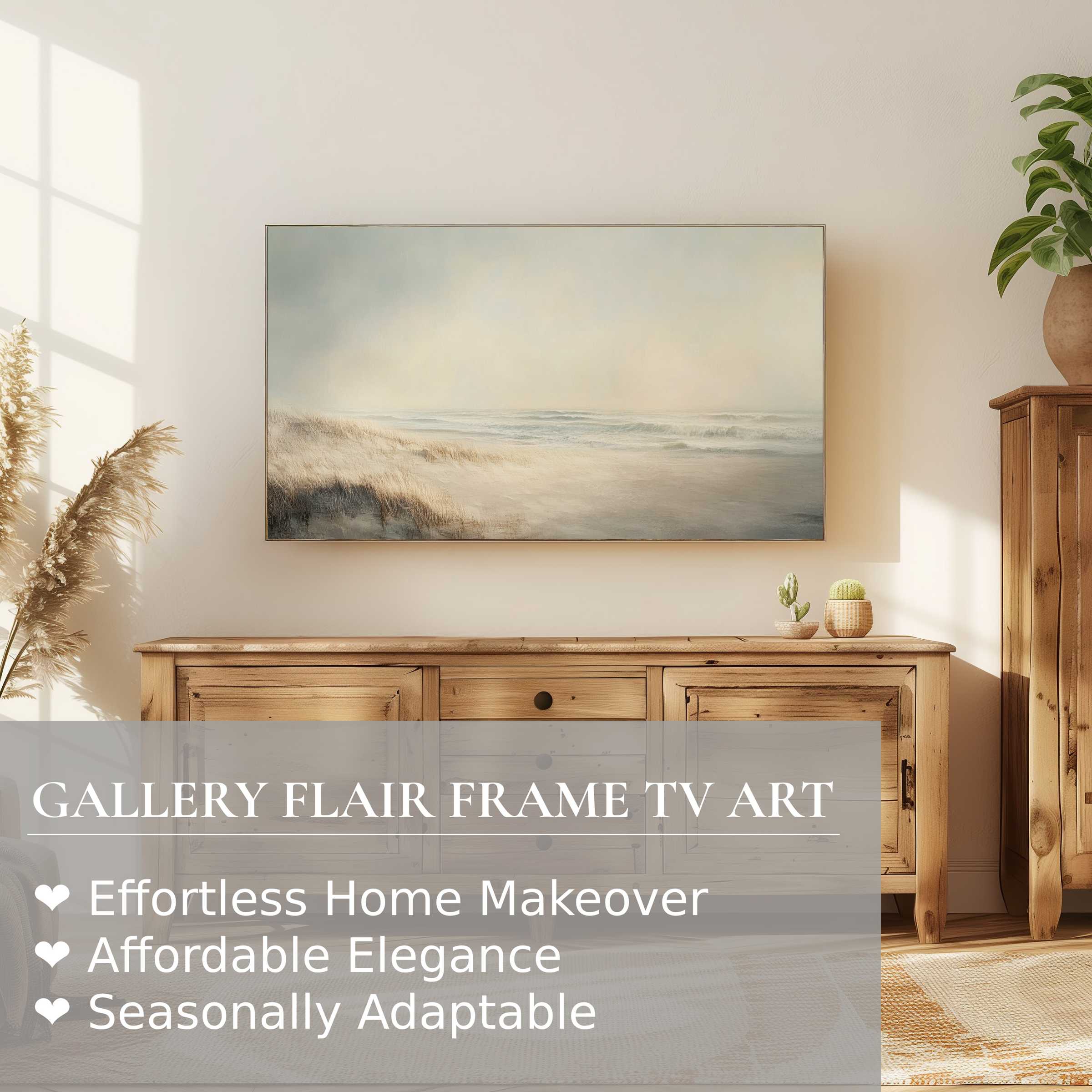 Samsung Frame TV showcasing serene, muted tones in a refined landscape digital artwork for elegant home décor