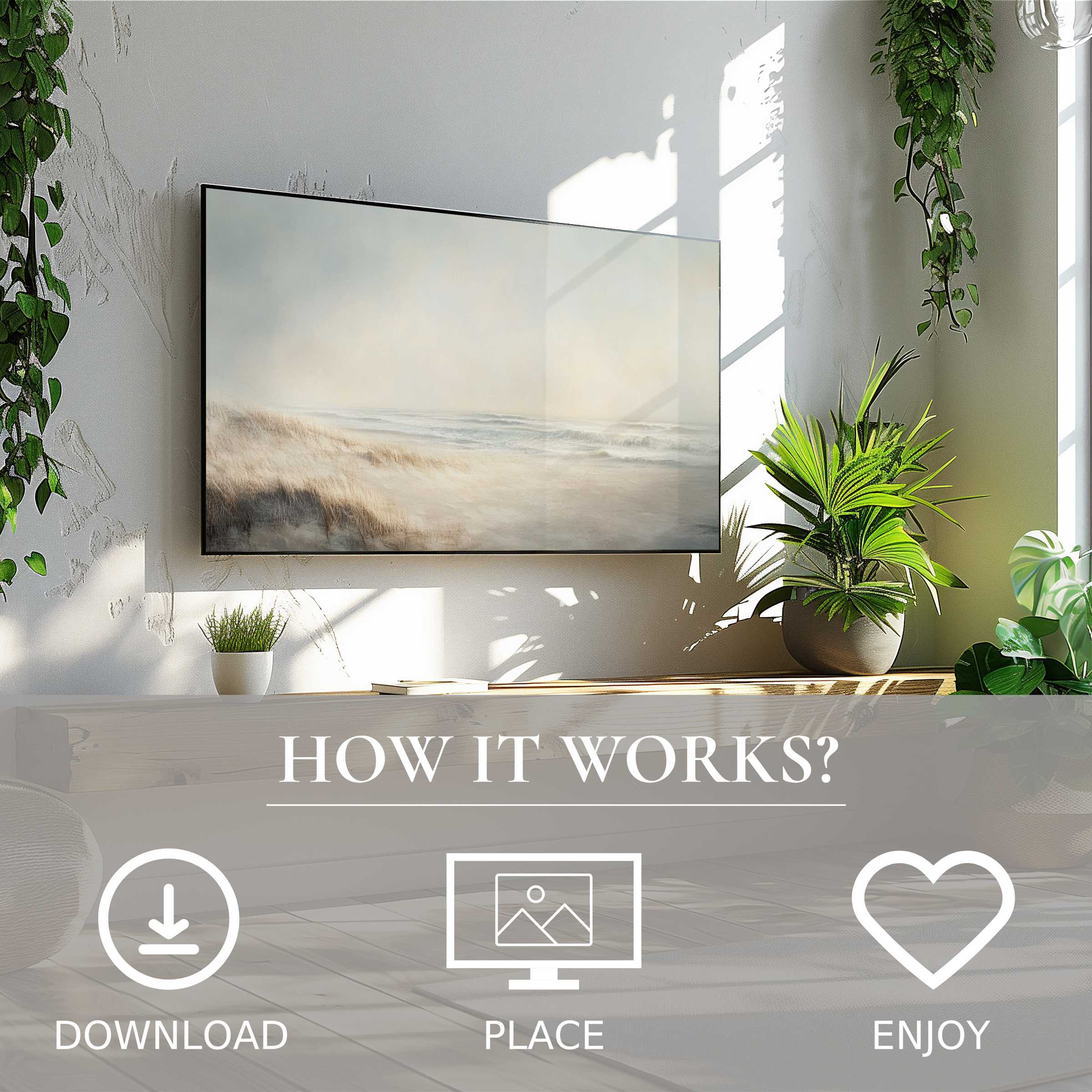 Modern living room with serene landscape art for Samsung TV; soft coastal tones, easy digital download, elevates space