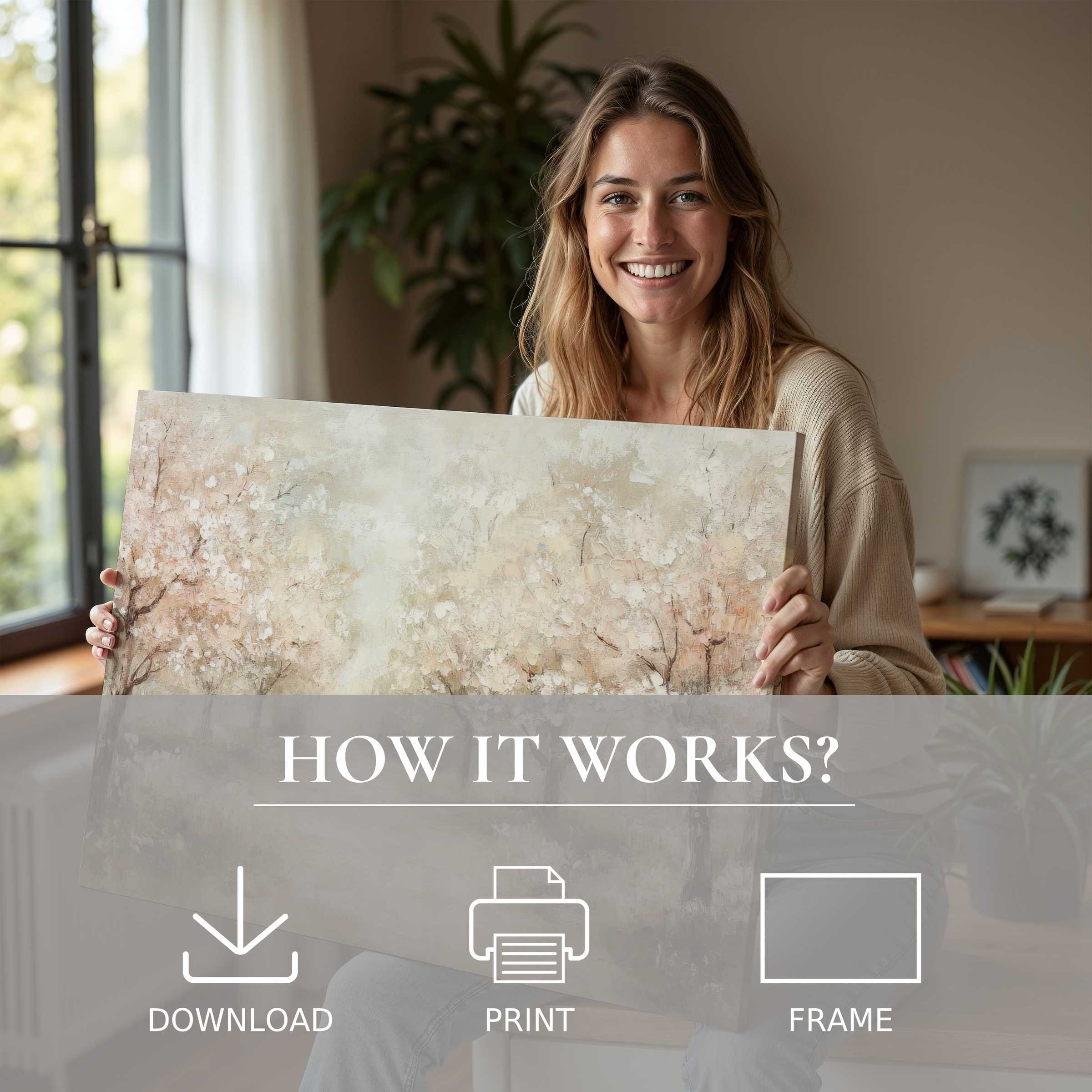 A radiant moment of connection as a woman embraces a vintage digital art print, bringing serene elegance and joy into her modern home