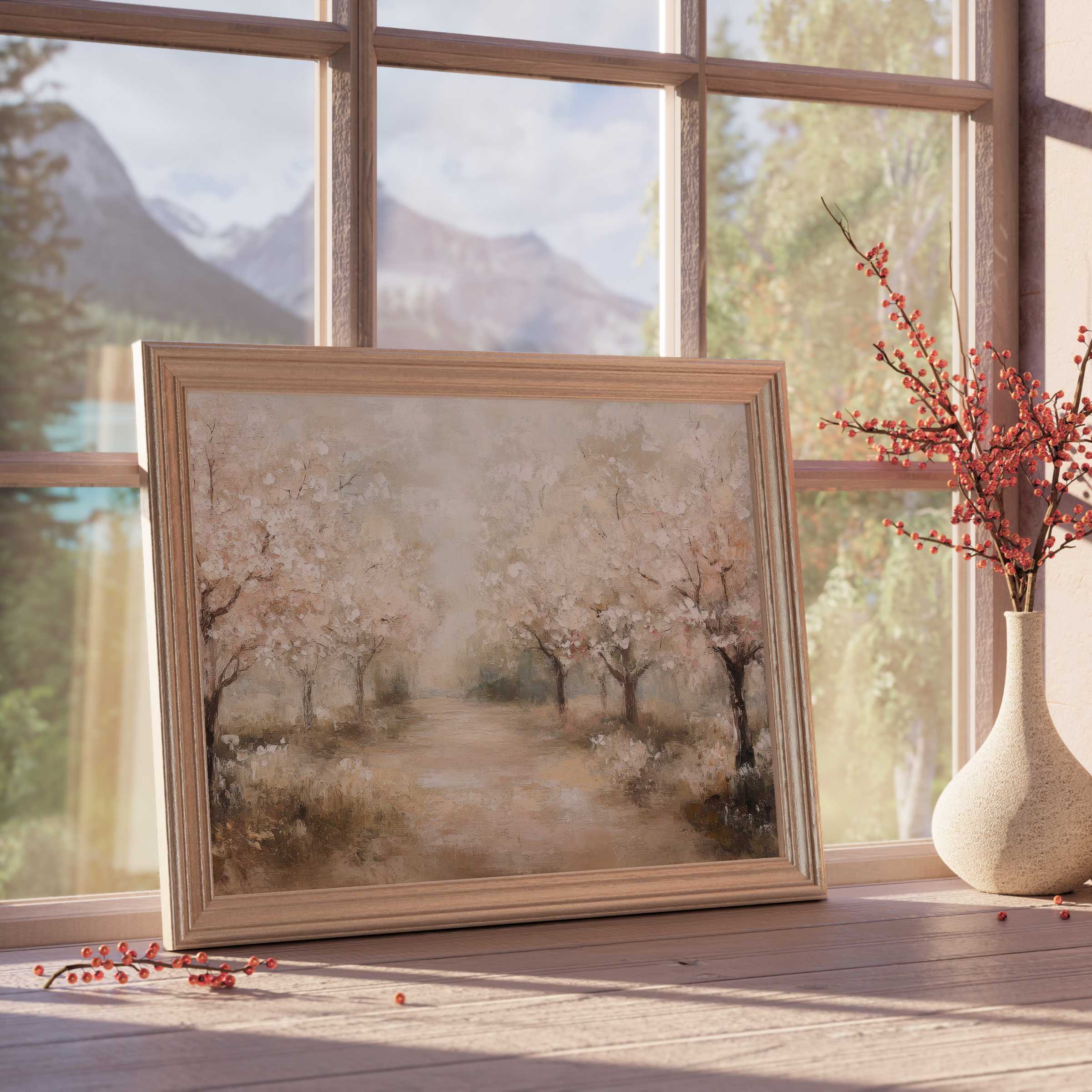 Vintage downloadable art capturing a serene blossom-lined path in soft neutrals, elevating timeless, tranquil interiors