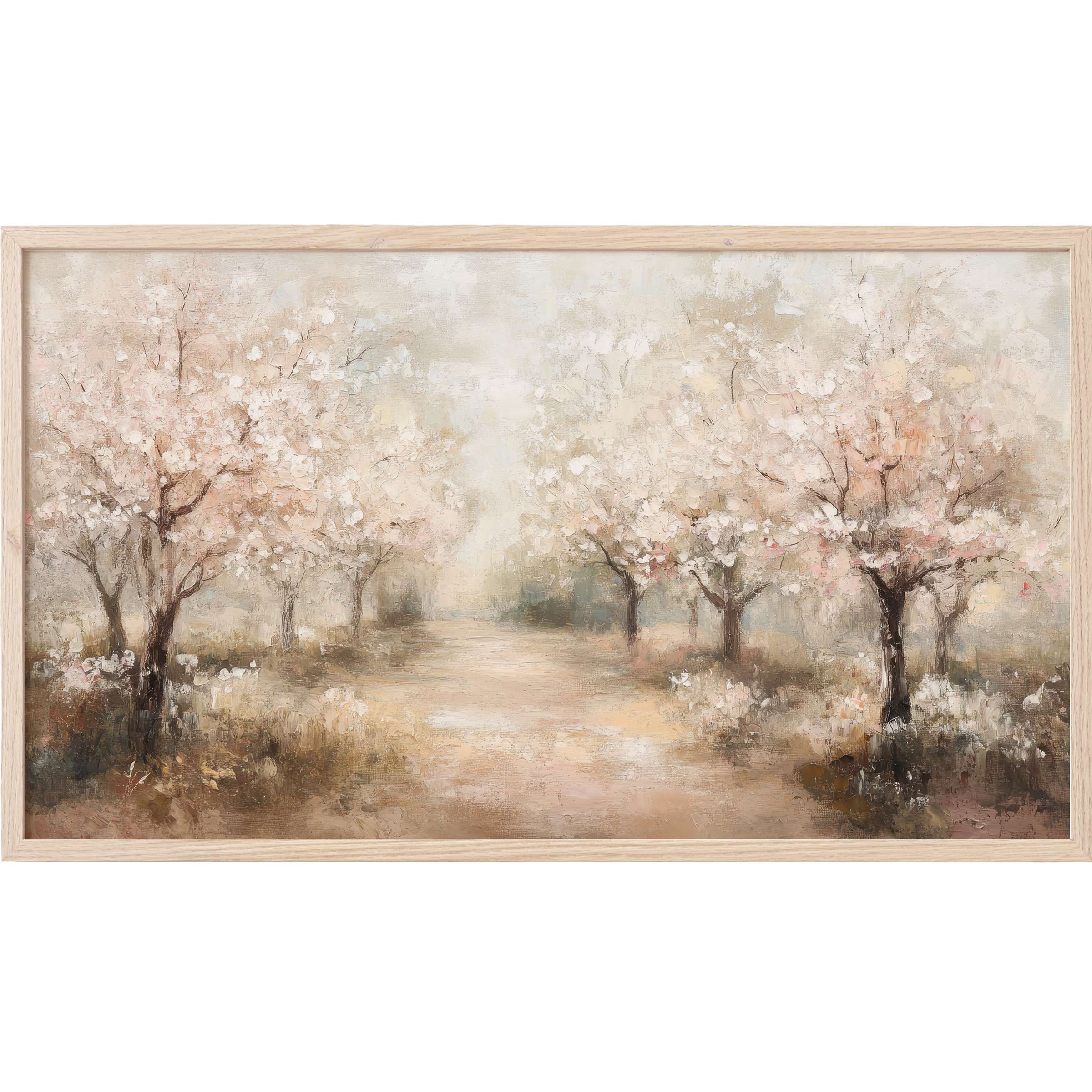 Vintage Frame TV Art: serene pathway framed by soft pink and beige blossoming trees in an impressionist style