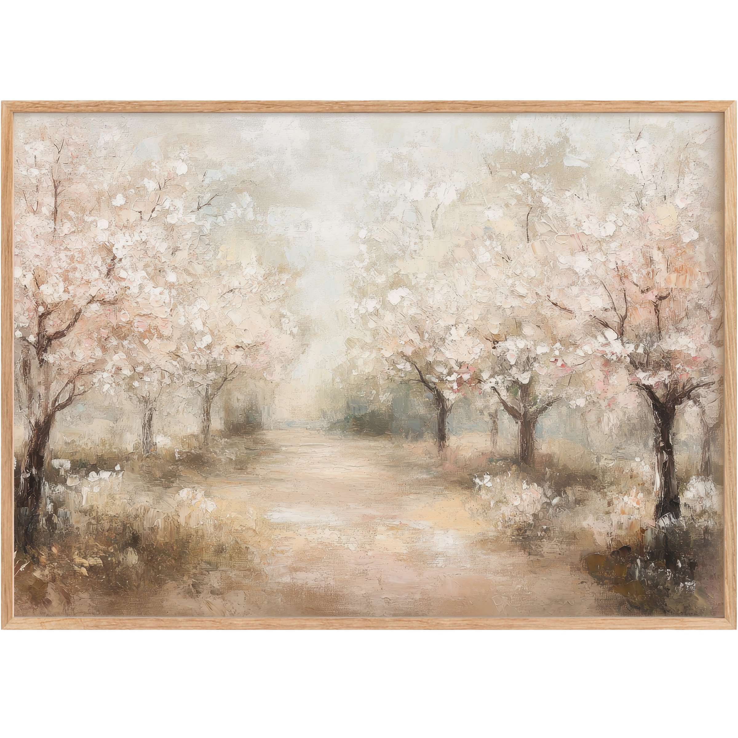 Vintage printable wall art capturing a serene blossom-lined path in soft blush and warm taupe, evoking gentle tranquility