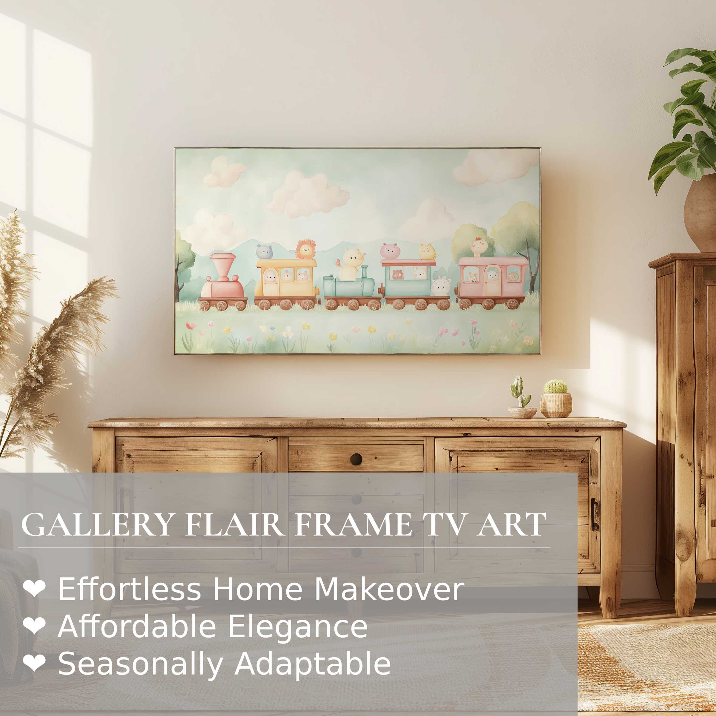 Samsung Frame TV displaying soft-toned nursery digital artwork of whimsical animal train in serene modern room