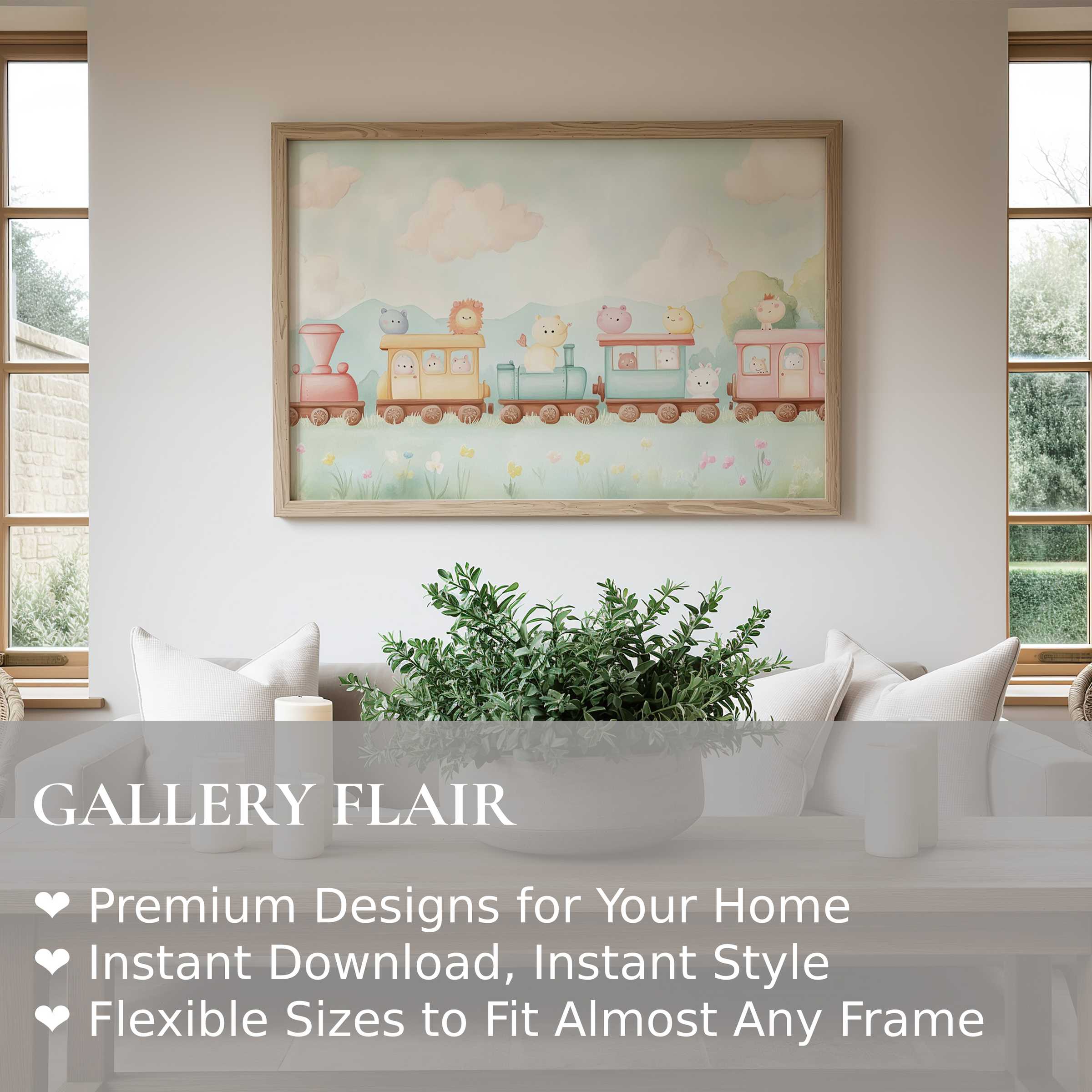 Nursery wall art print featuring a soft, whimsical animal train in pastel tones, enhancing serene, modern nursery decor