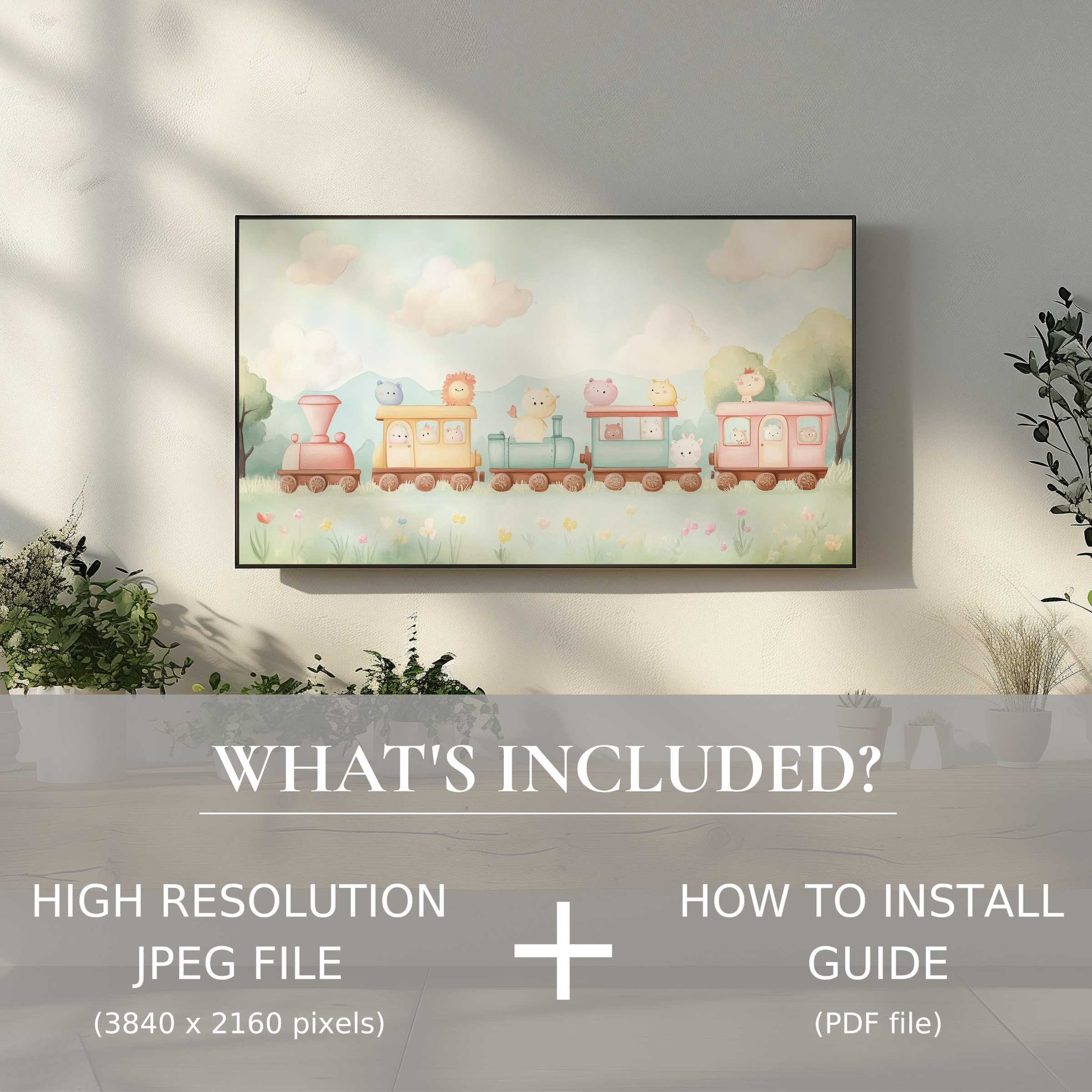 Elegant nursery digital TV art download with playful train design enhances space, easy, high-res digital use included