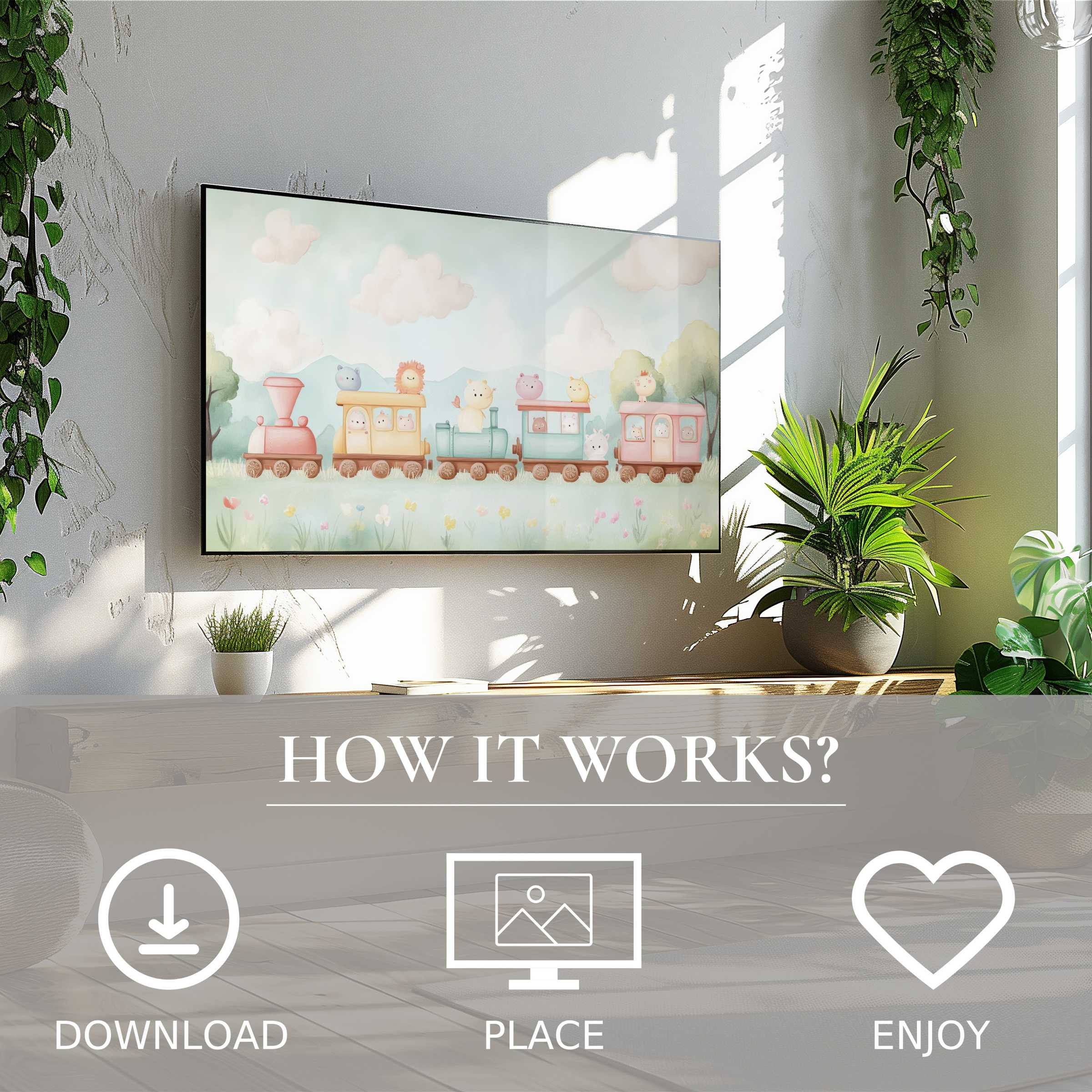 Nursery art for Samsung TV with soft pastel train motif, easy digital download to enrich any modern living space