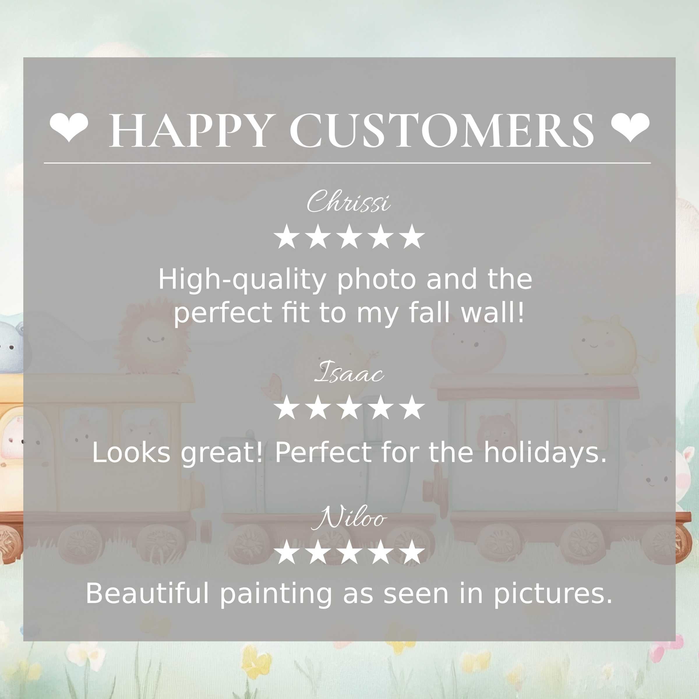 Nursery art for Frame TV with soft pastel animal train background; happy customer reviews build elegant trust