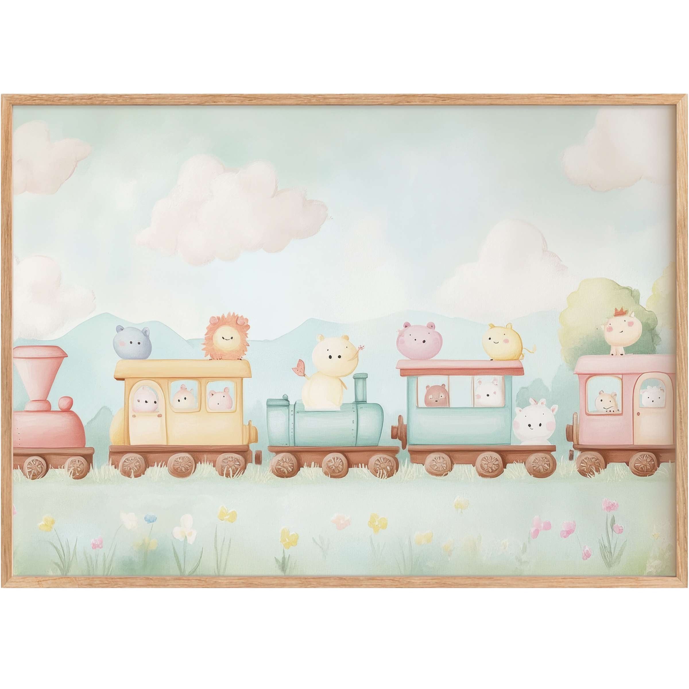 Whimsical nursery printable wall art with pastel trains and gentle animal friends, evoking a serene, joyful atmosphere