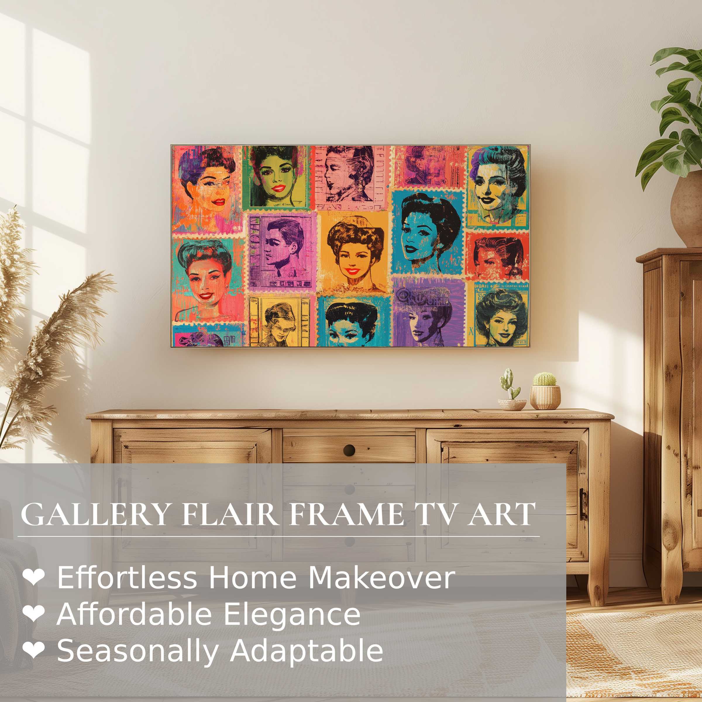 Samsung Frame TV displaying vibrant pop art digital artwork in a chic, sunlit living room with natural wood decor