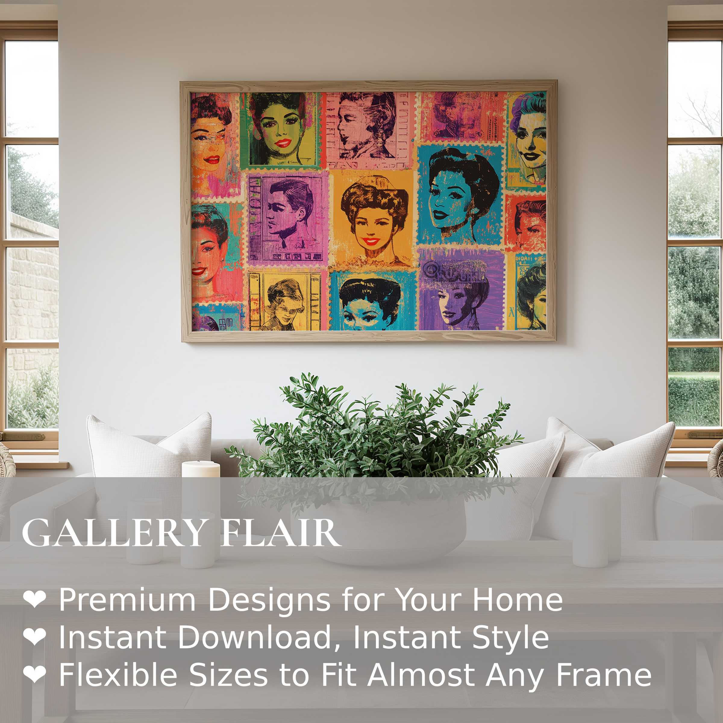 Vibrant pop art wall art print featuring iconic retro portraits in bold hues, enhancing modern minimalist spaces with dynamic energy