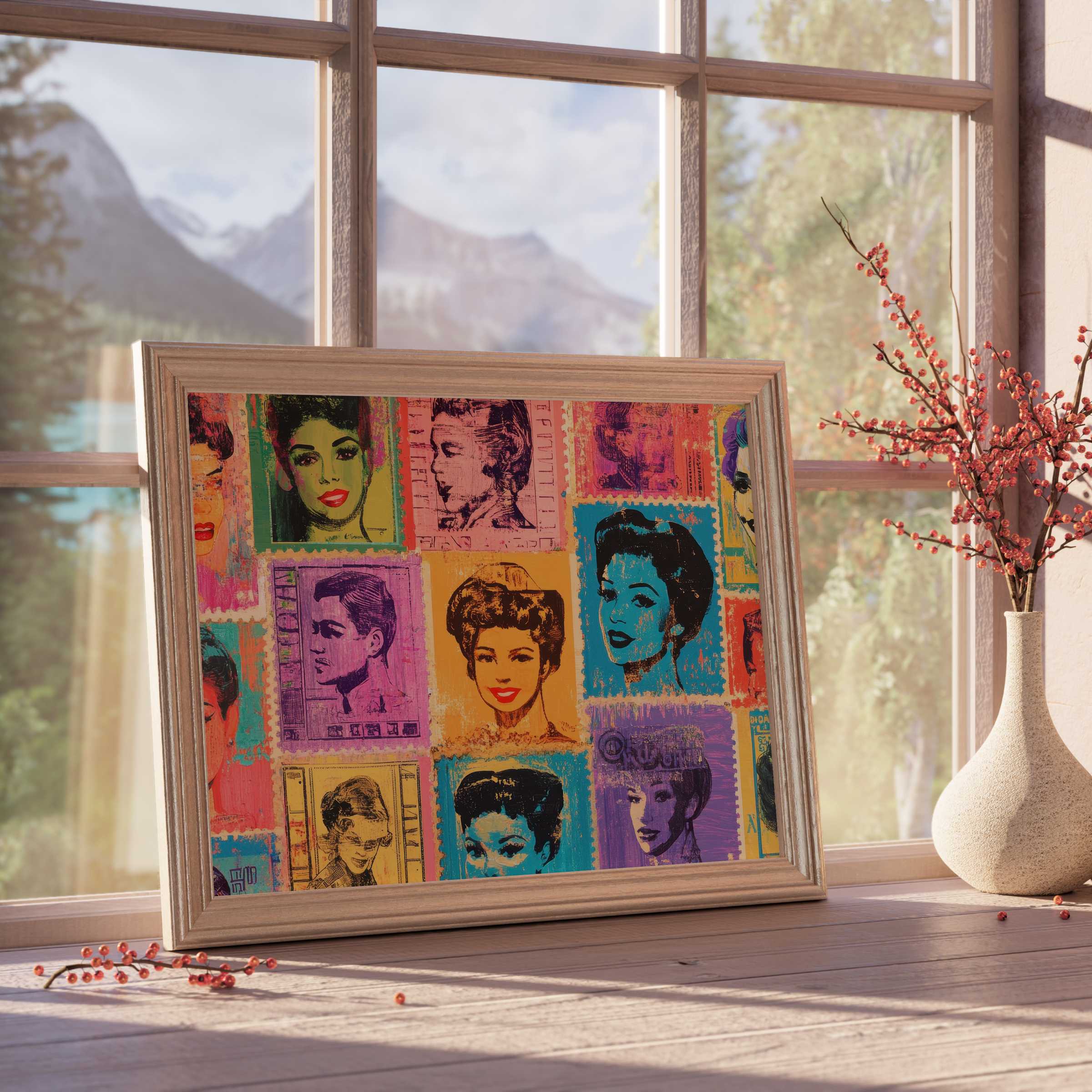 Pop art downloadable art featuring vibrant retro portraits, infusing curated interiors with lively color and timeless elegance