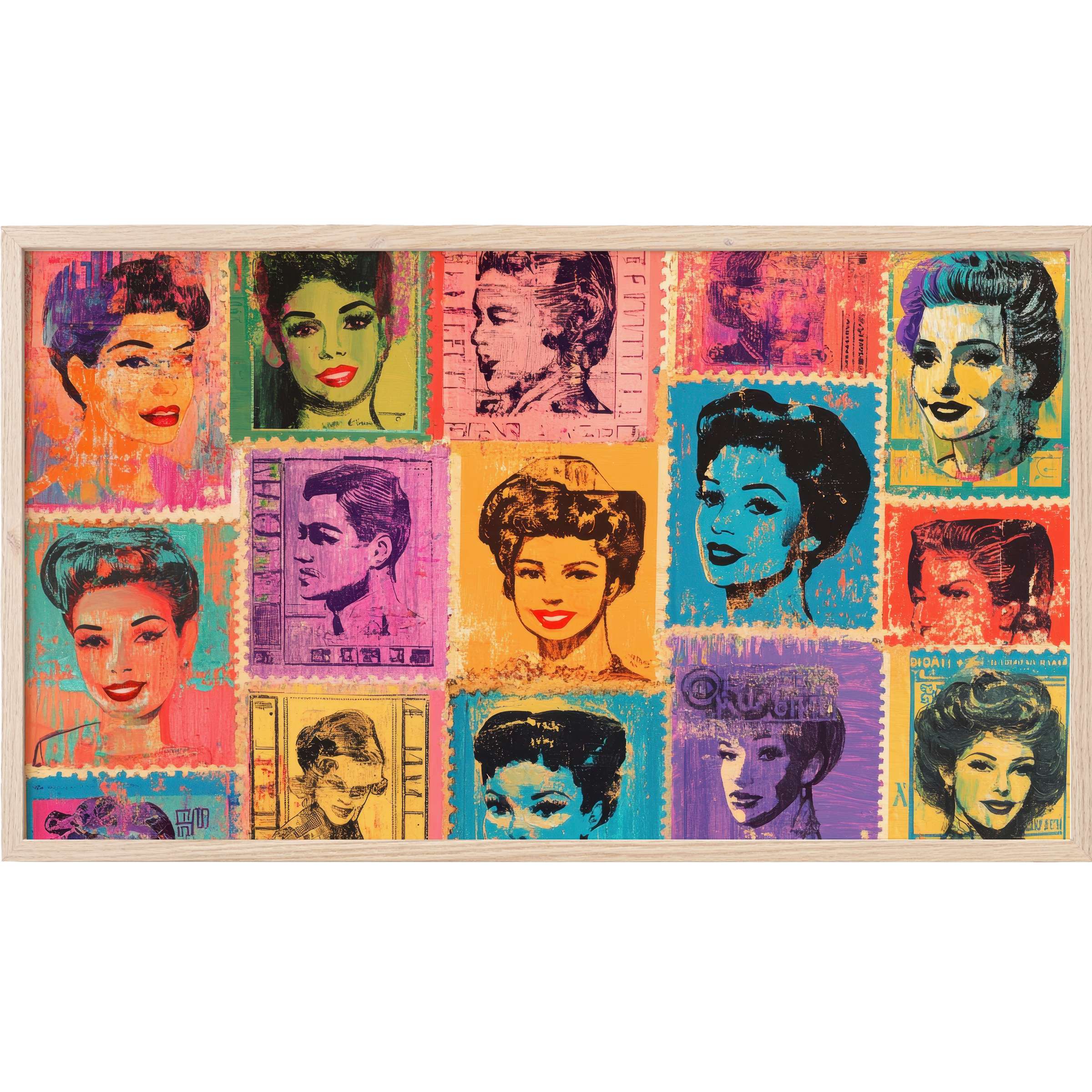 Vibrant pop art Frame TV Art featuring retro portraits in bold hues of orange, teal, purple, and yellow