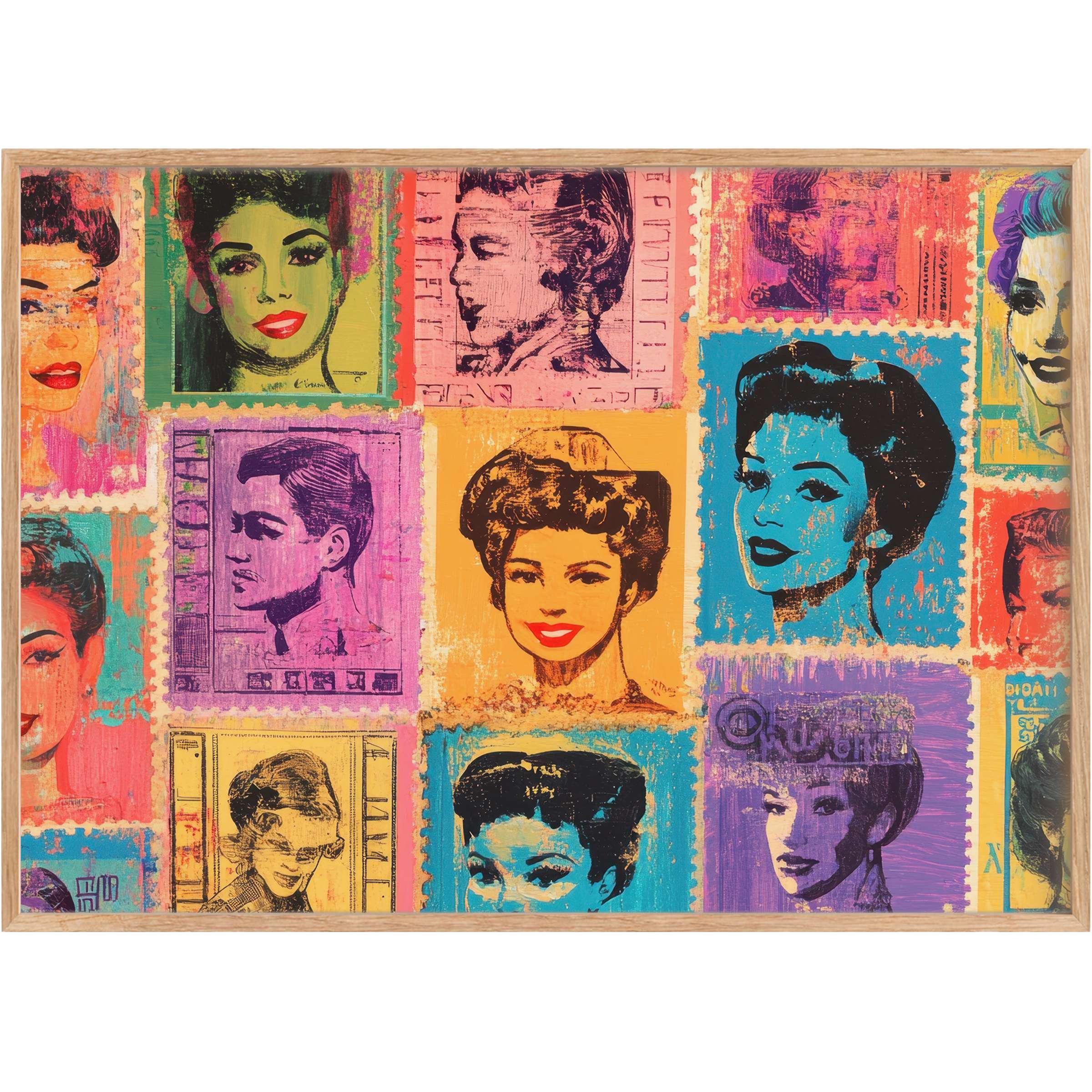 Vibrant pop art printable wall art blending retro elegance with vivid turquoise, pink, and orange hues for a bold, radiant ambiance