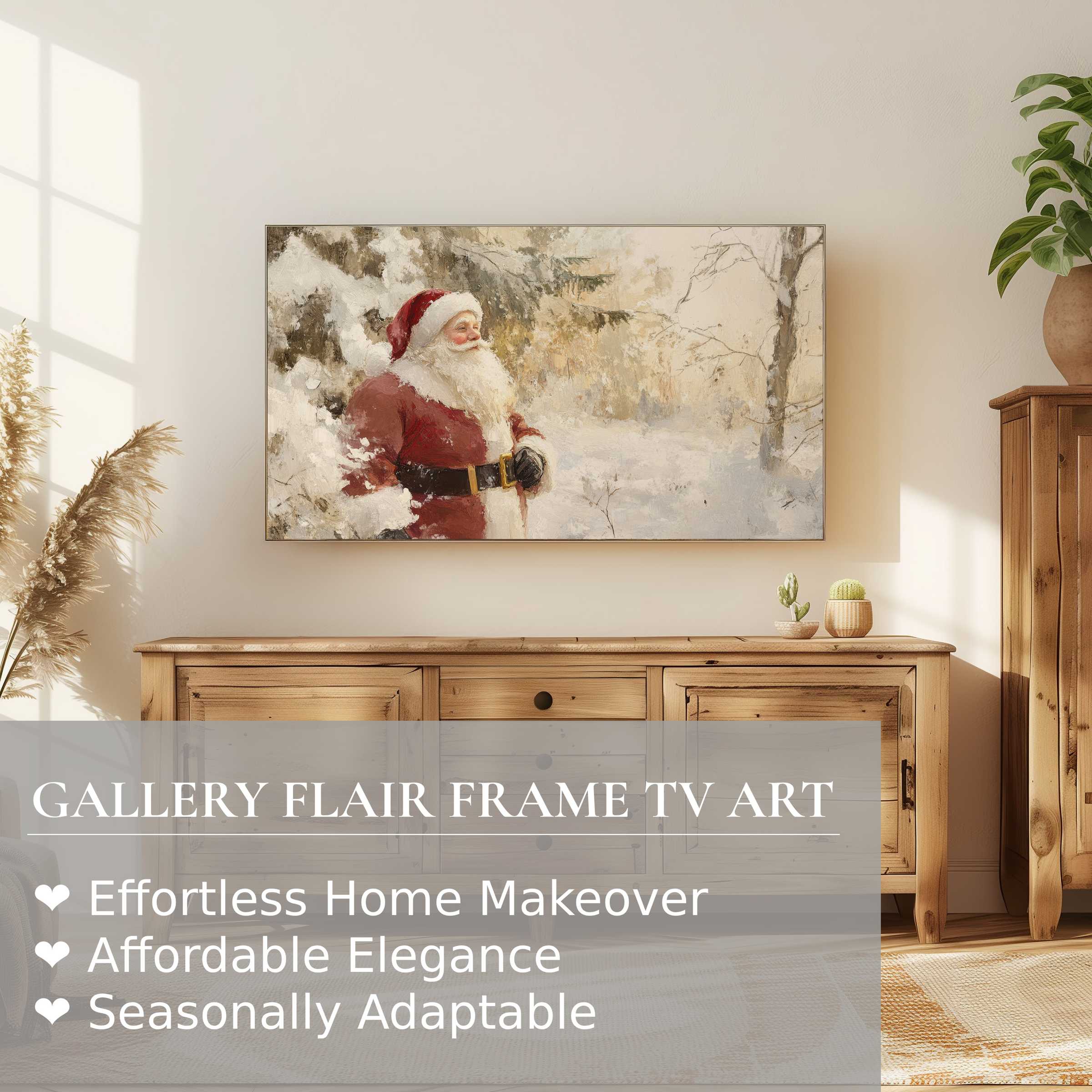 Modern rustic living with Samsung Frame TV displaying warm christmas digital artwork featuring Santa in snowy woodland