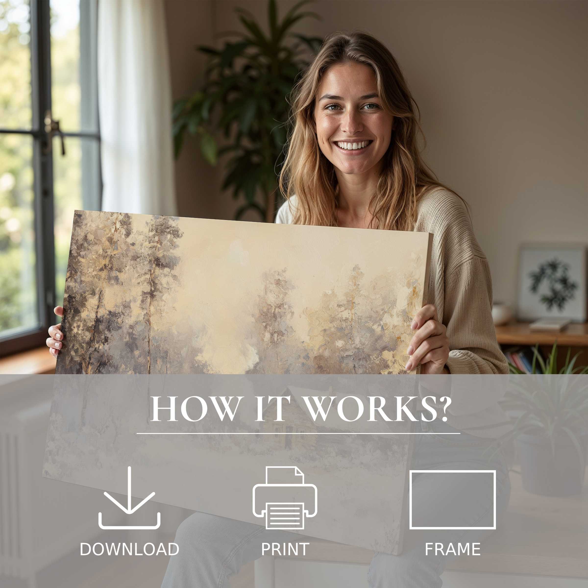 A woman joyfully embraces a winter digital art print in soft, muted tones, embodying the effortless elegance of living with art