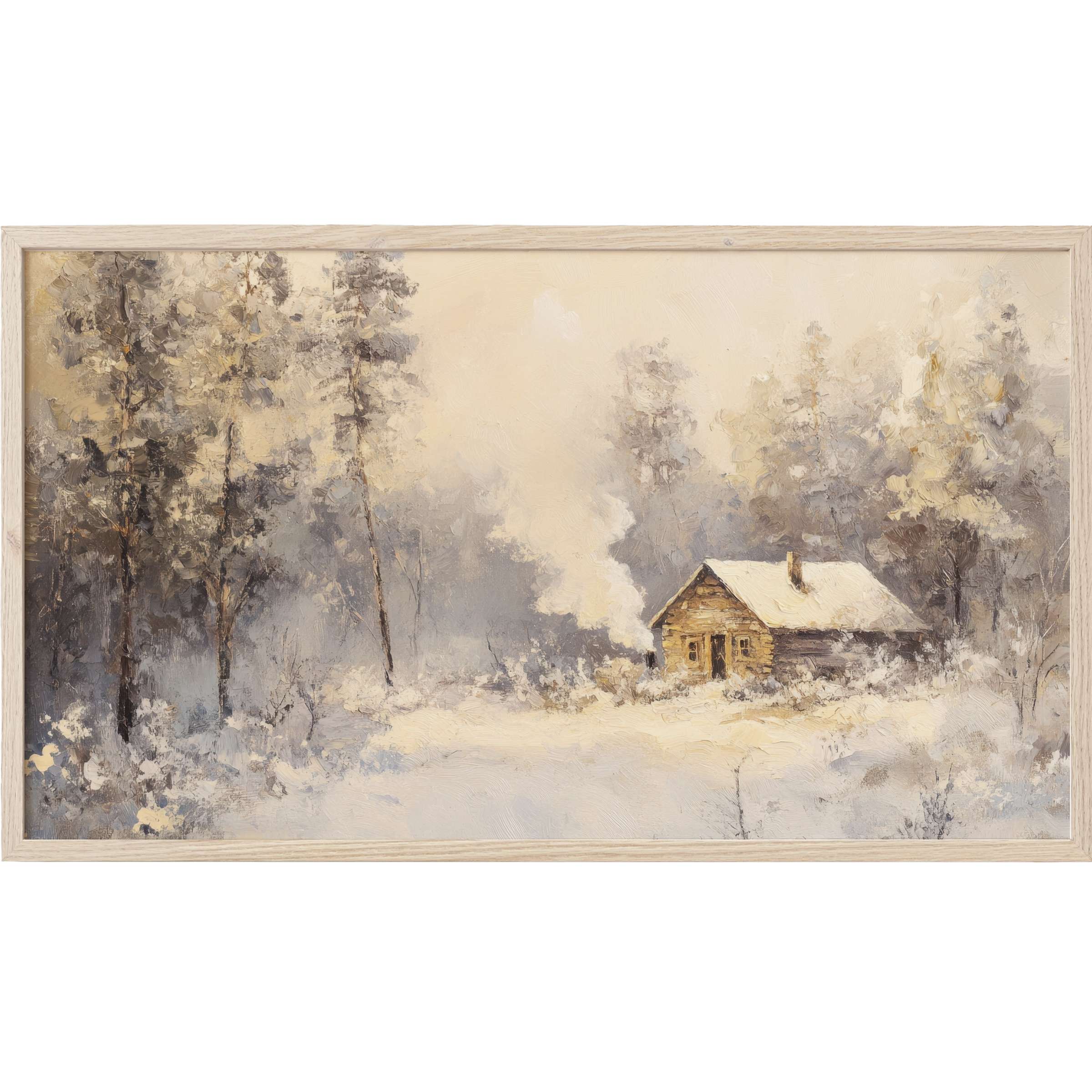 Serene winter forest scene with snow-covered cabin in soft beige and gray tones, perfect winter Frame TV Art